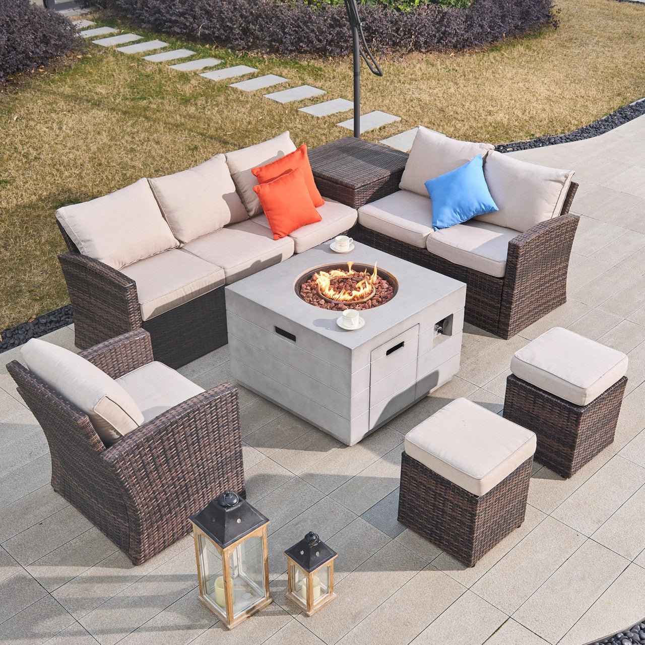 Santiago 6-Piece Outdoor Conversation Set with Square Fire Pit Table (PAS-1403B-BR+2140)