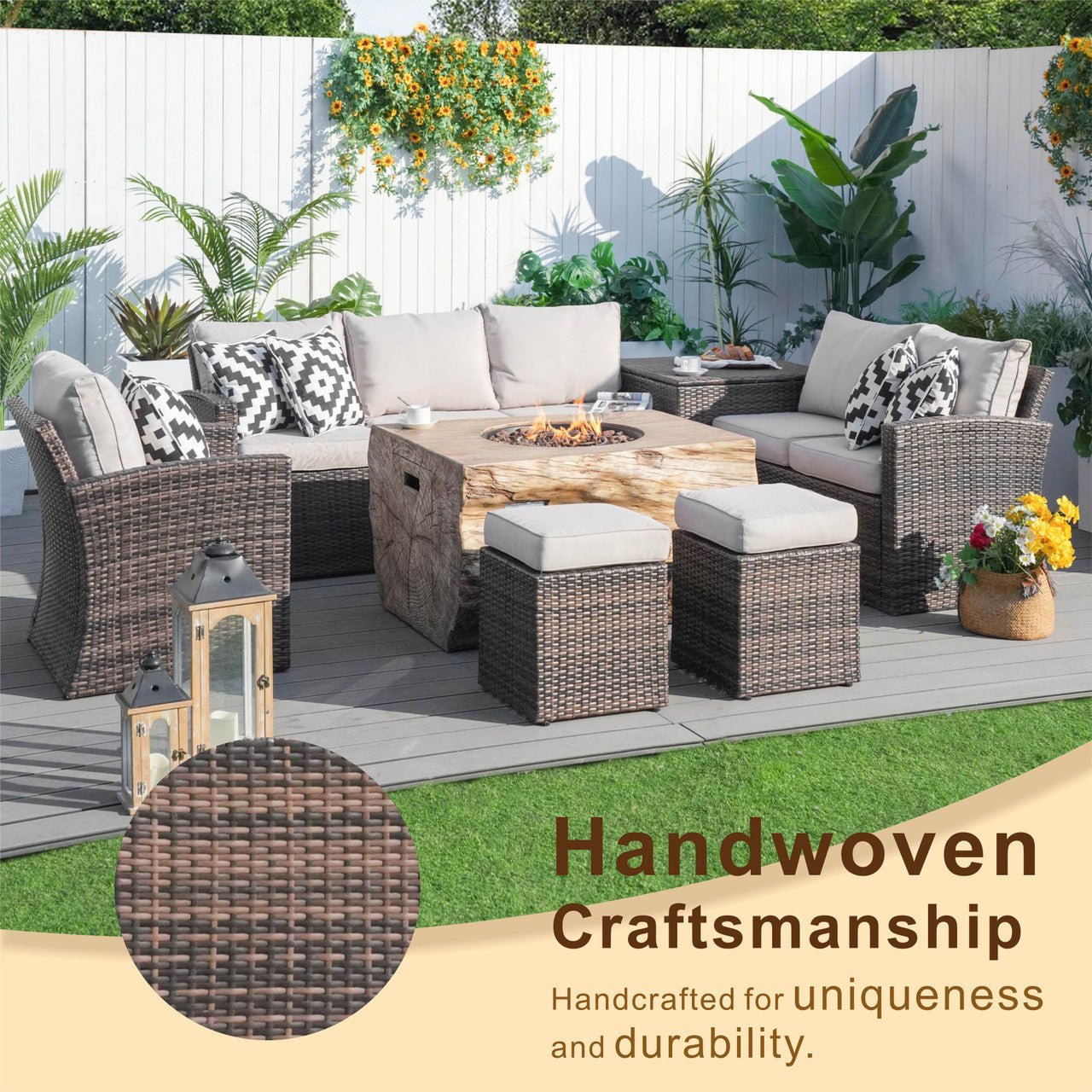 Santiago 7 - Piece Outdoor Fire Pit Sofa Set (PAG - 1403B+2170) - Direct Wicker