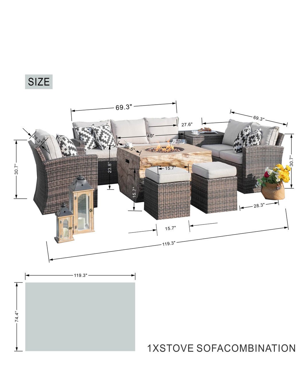 Santiago 7 - Piece Outdoor Fire Pit Sofa Set (PAG - 1403B+2170) - Direct Wicker