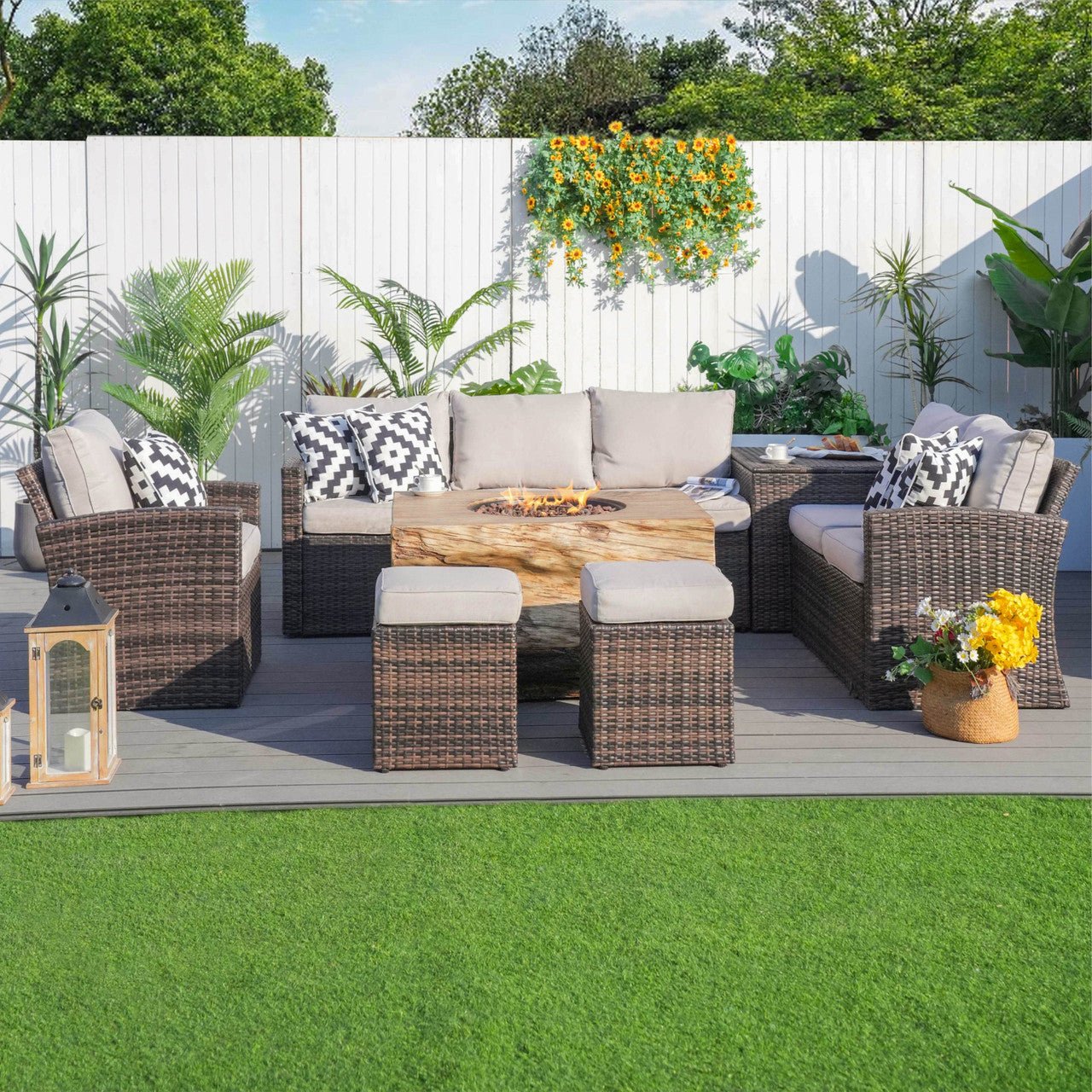 Santiago 7 - Piece Outdoor Fire Pit Sofa Set (PAG - 1403B+2170) - Direct Wicker