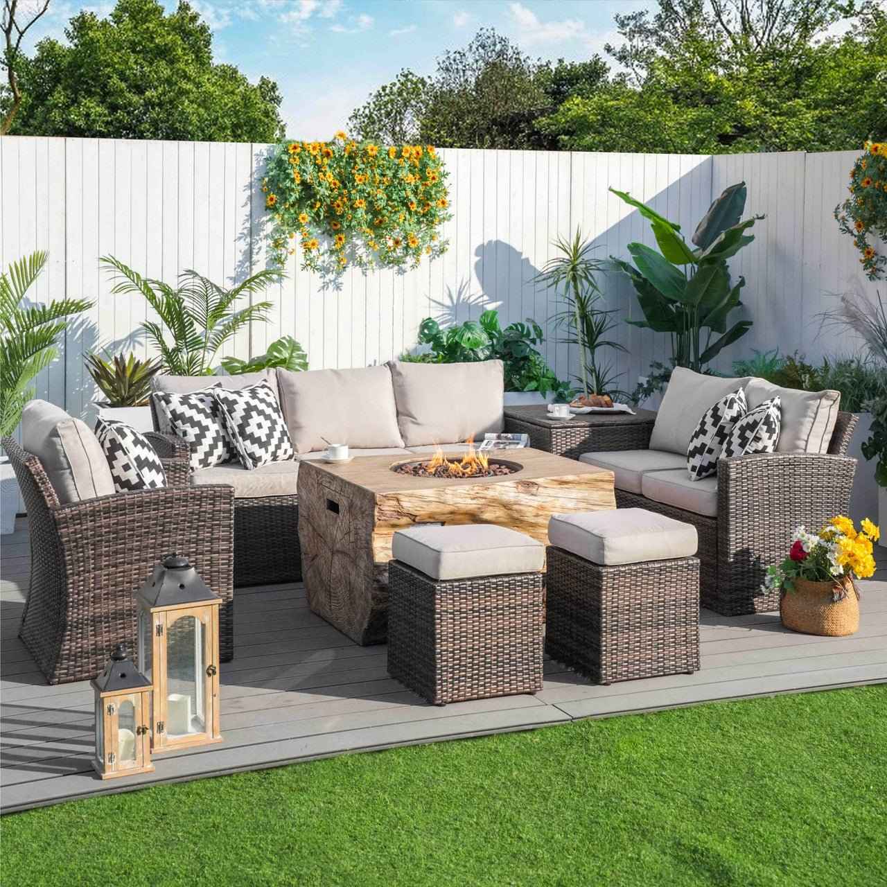 Santiago 7 - Piece Outdoor Fire Pit Sofa Set (PAG - 1403B+2170) - Direct Wicker