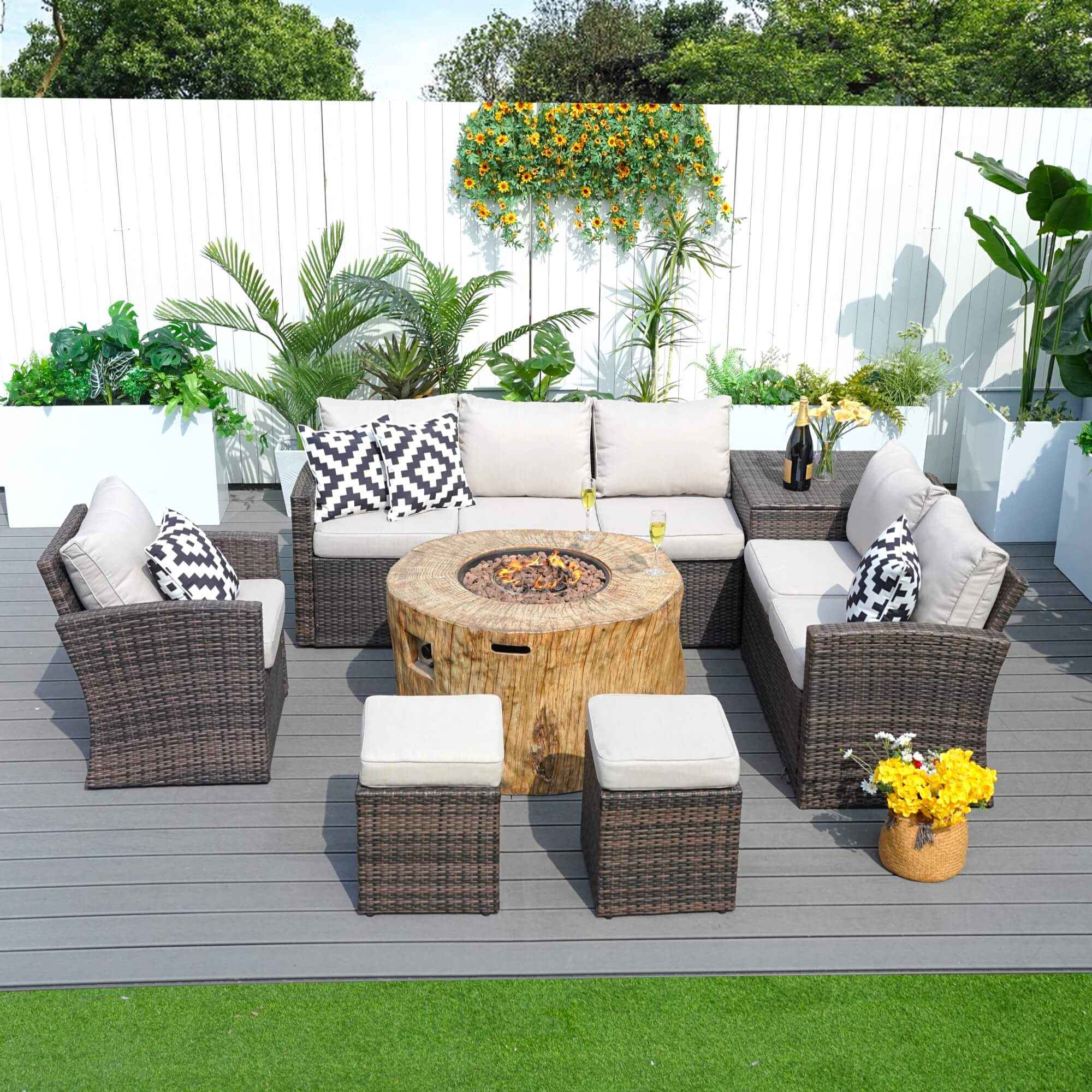 Santiago 7 - Piece Outdoor Fire Pit Sofa Set (PAG - 1403B+2180) - Direct Wicker
