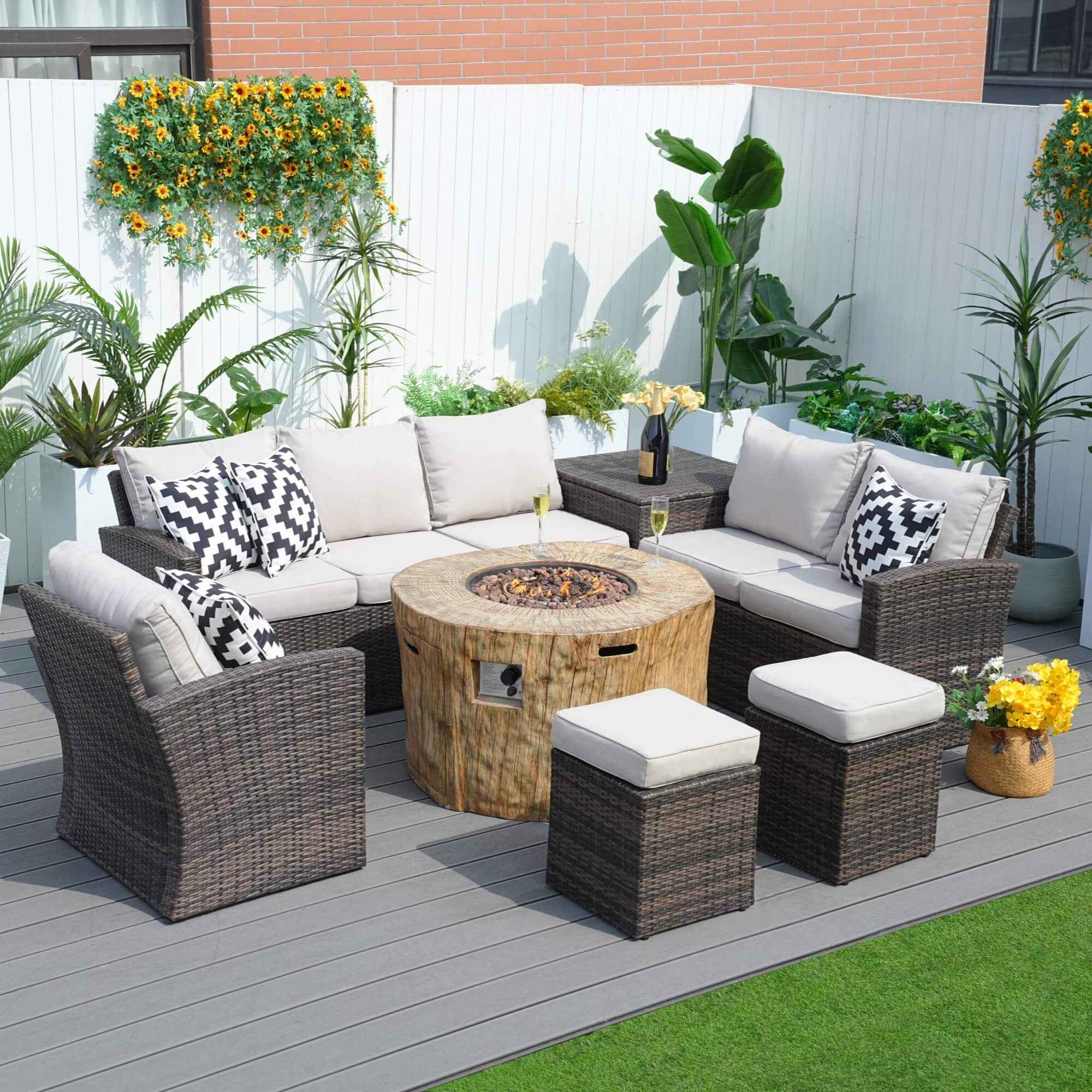 Santiago 7 - Piece Outdoor Fire Pit Sofa Set (PAG - 1403B+2180) - Direct Wicker