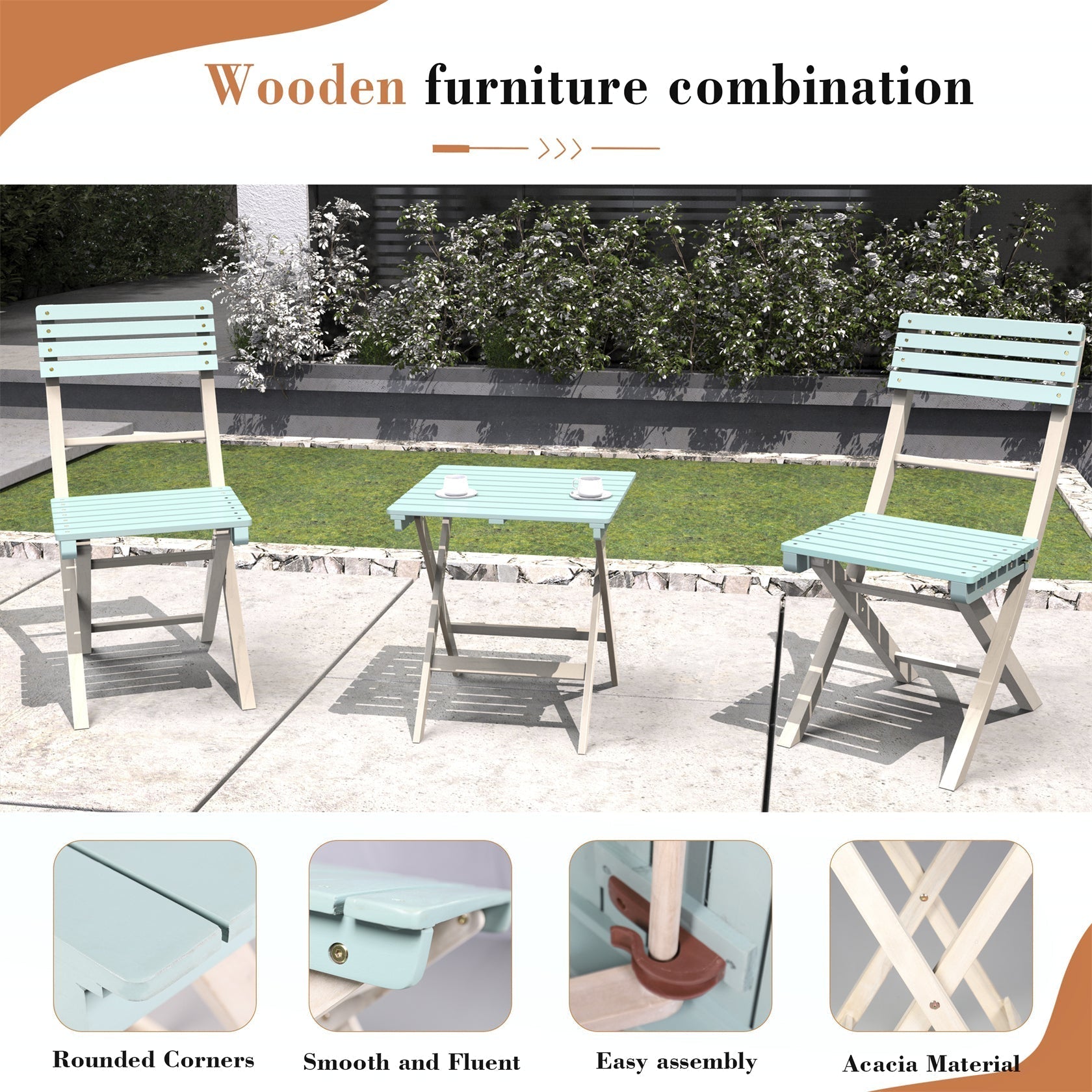 Solid Wood 3 - Piece Bistro Set – Folding Chairs and Square Table for Outdoor Use (PAC - 2525) - Direct Wicker