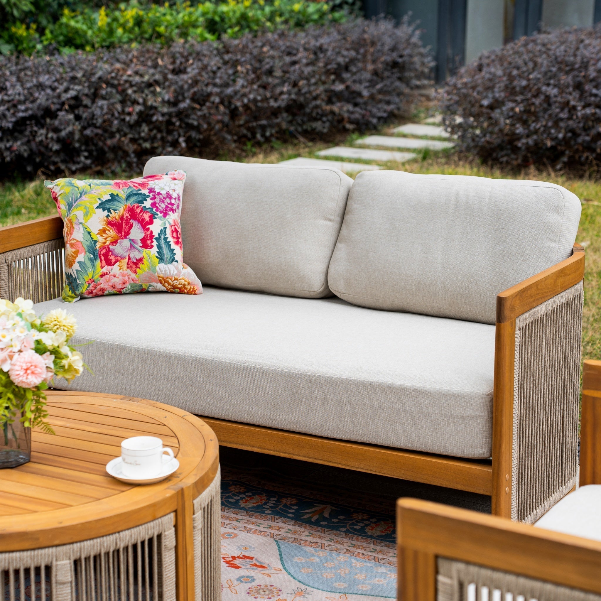 Solid Wood 4 - Seater Sofa Set with Round Coffee Table (PAS - 2515 - 2SS+SSx2+RTA) - Direct Wicker