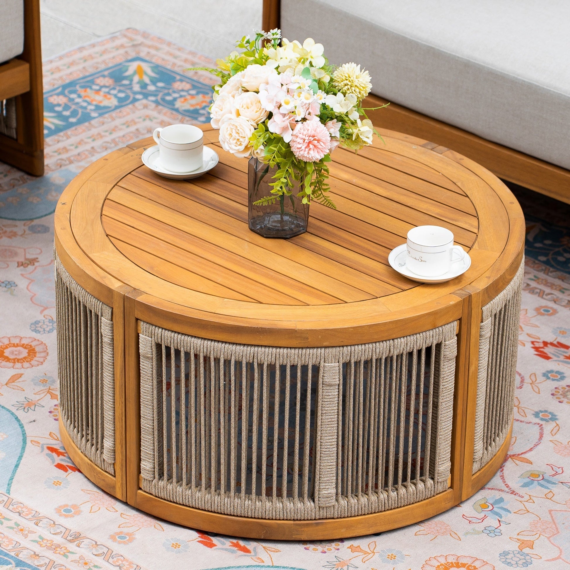 Solid Wood 4 - Seater Sofa Set with Round Coffee Table (PAS - 2515 - 2SS+SSx2+RTA) - Direct Wicker