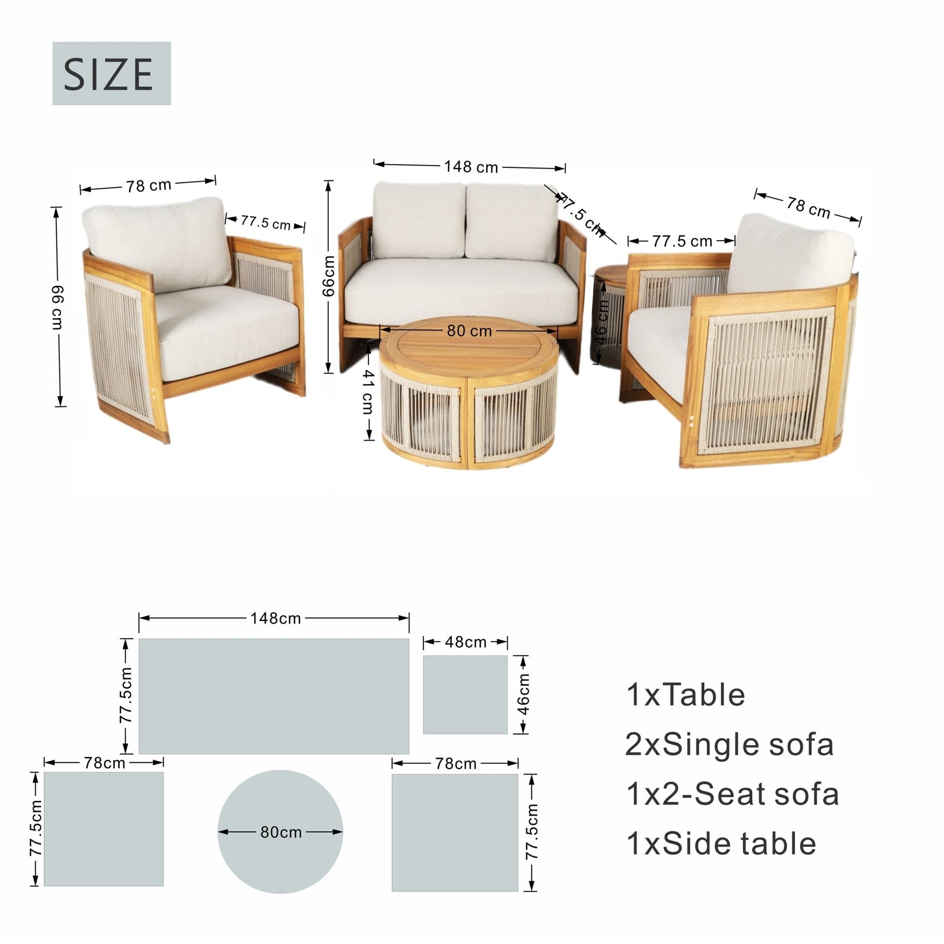 Solid Wood 4 - Seater Sofa Set with Round Coffee Table (PAS - 2515 - 2SS+SSx2+RTA) - Direct Wicker