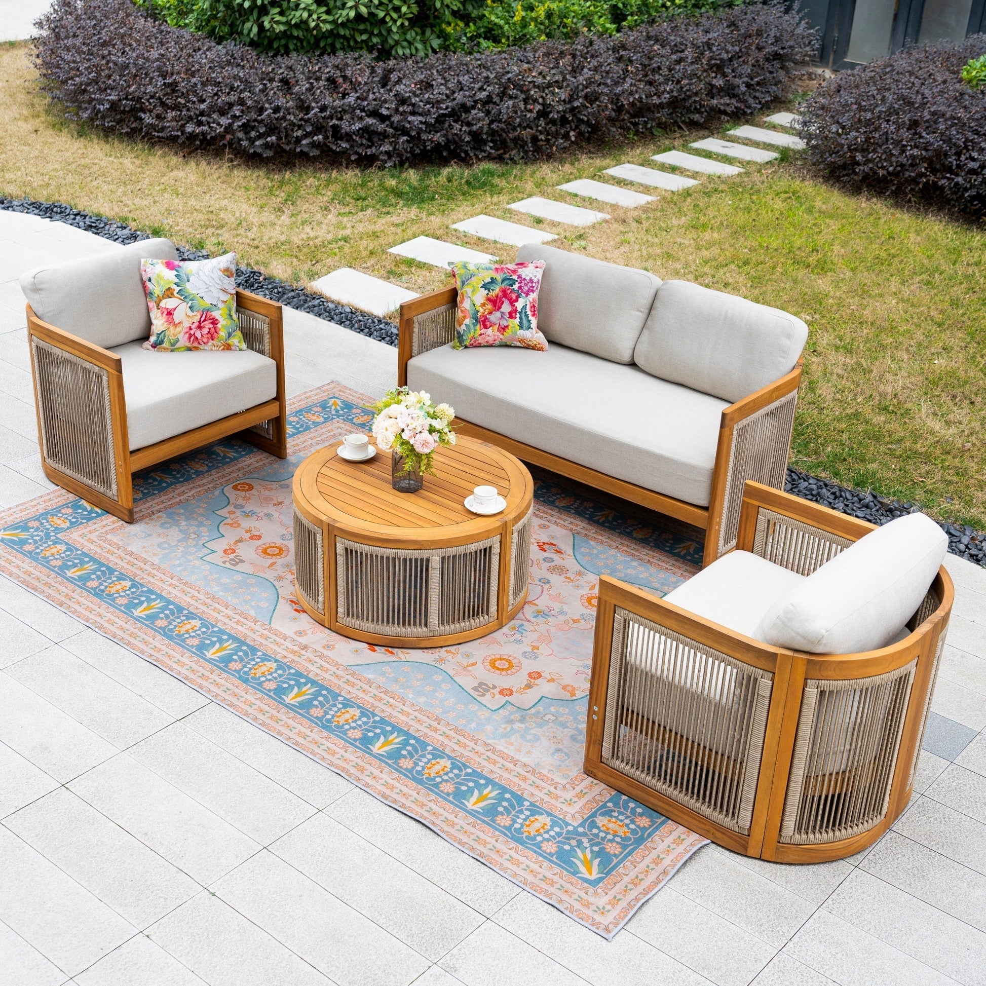 Solid Wood 4 - Seater Sofa Set with Round Coffee Table (PAS - 2515 - 2SS+SSx2+RTA) - Direct Wicker