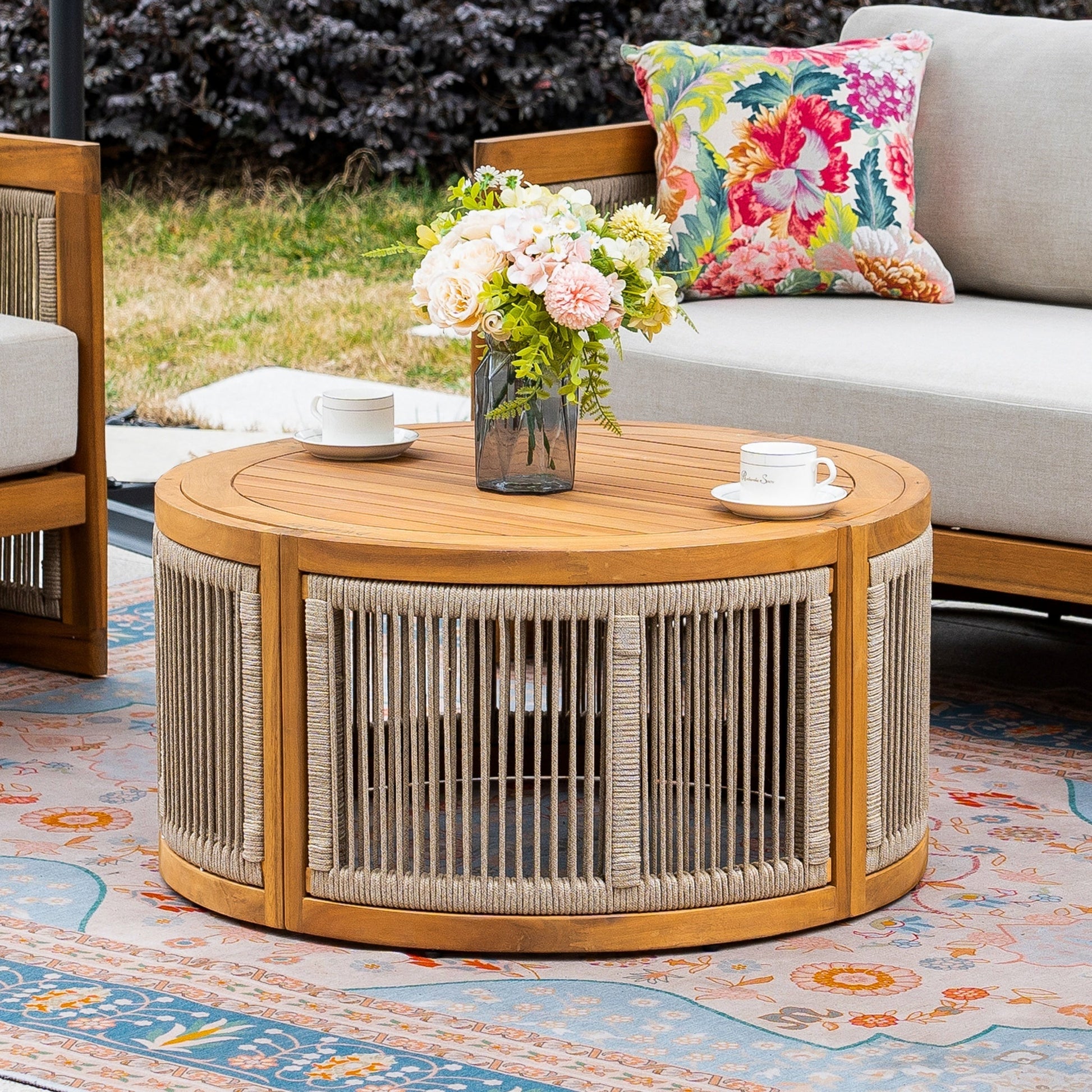 Solid Wood 4 - Seater Sofa Set with Round Coffee Table (PAS - 2515 - 2SS+SSx2+RTA) - Direct Wicker