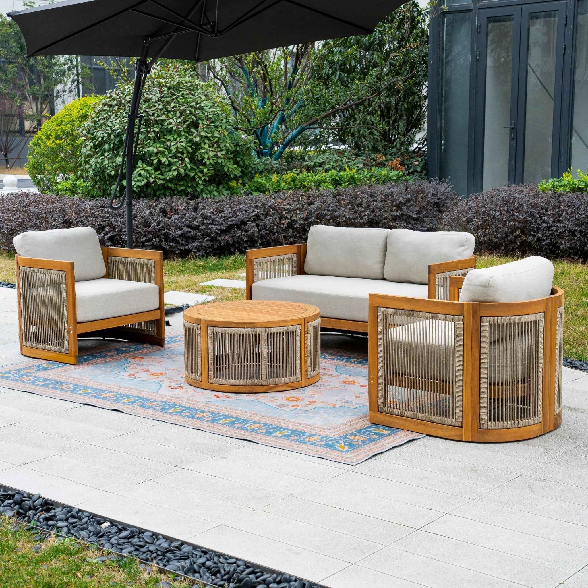 Solid Wood 4-Seater Sofa Set with Round Coffee Table (PAS-2515-2SS+SSx2+RTA)