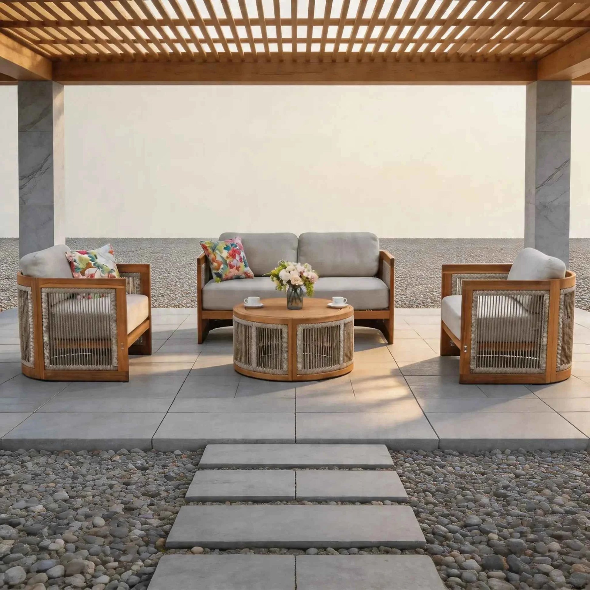 Solid Wood 4-Seater Sofa Set with Round Coffee Table (PAS-2515-2SS+SSx2+RTA)