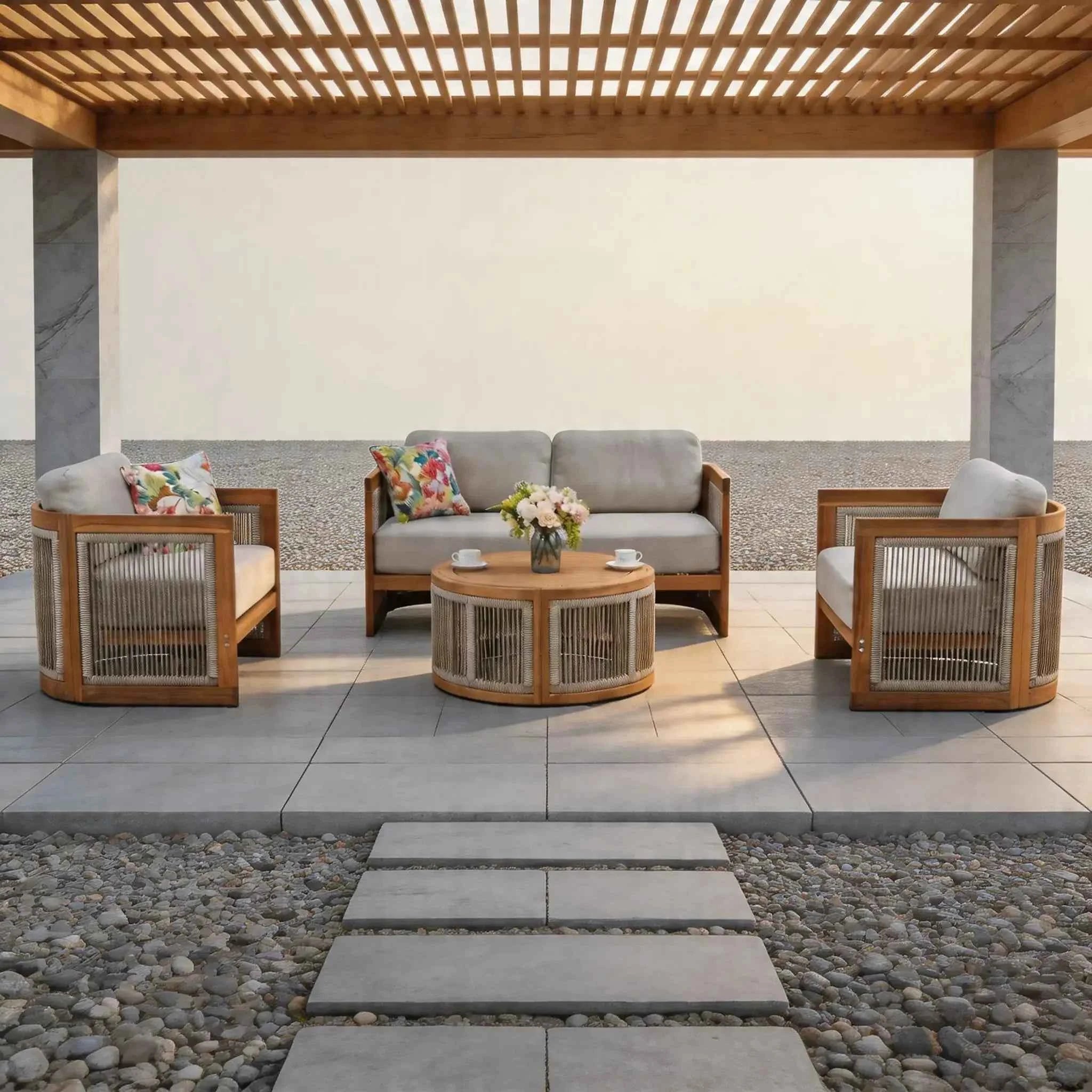 Solid Wood 4-Seater Sofa Set with Round Coffee Table (PAS-2515-2SS+SSx2+RTA)