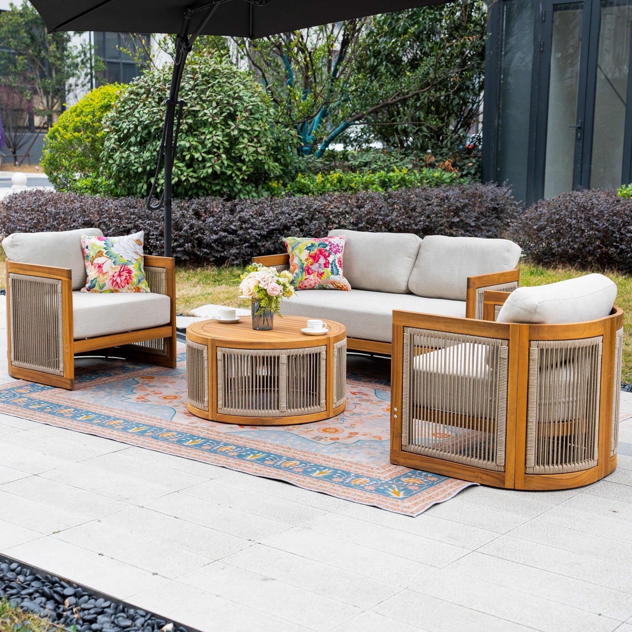 Solid Wood 4 - Seater Sofa Set with Round Coffee Table (PAS - 2515 - 2SS+SSx2+RTA) - Direct Wicker