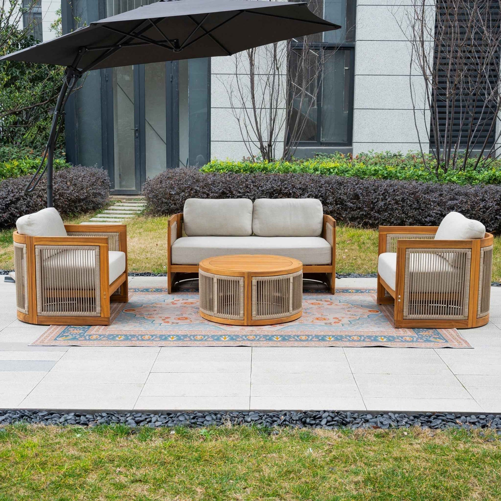 Solid Wood 4-Seater Sofa Set with Round Coffee Table (PAS-2515-2SS+SSx2+RTA)
