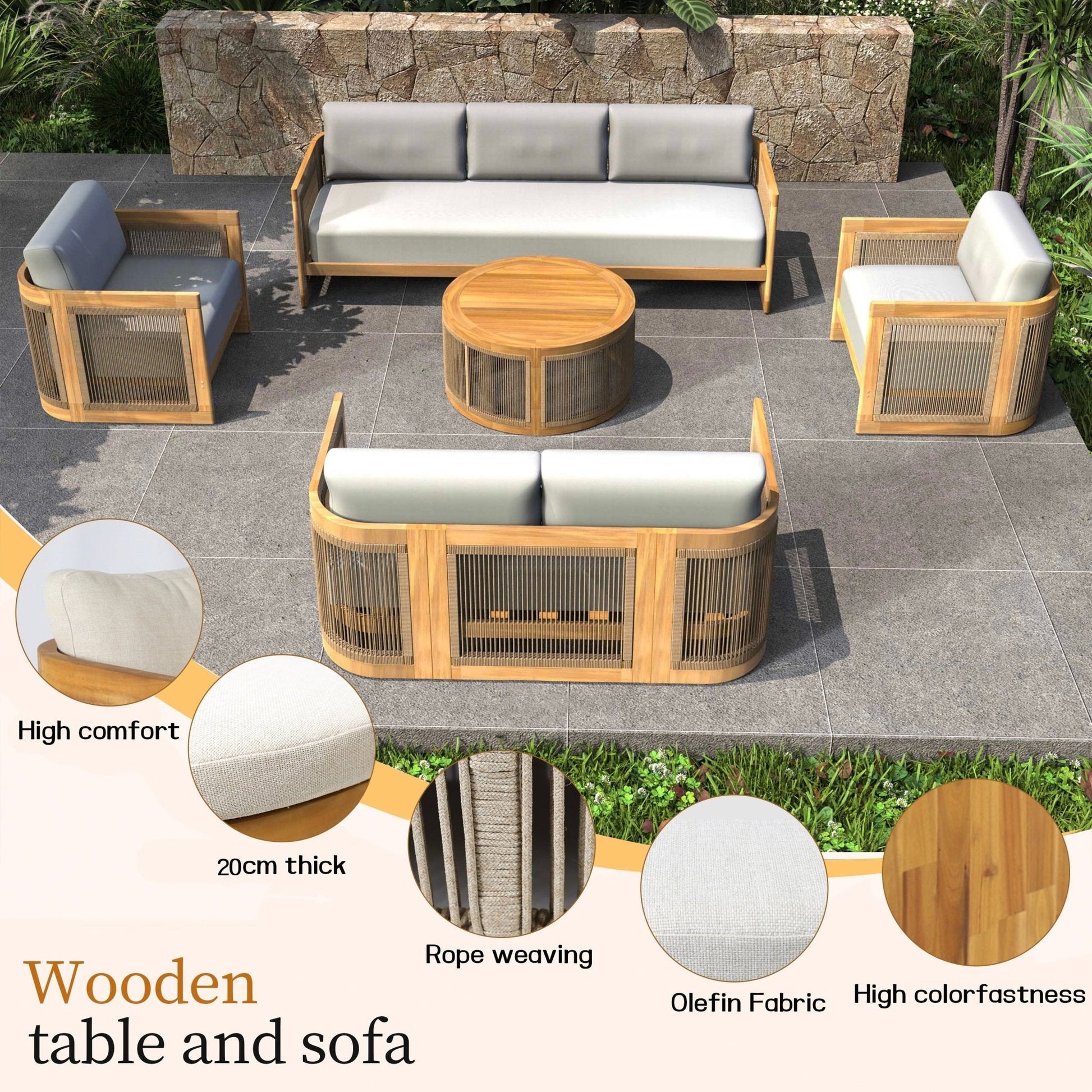 Solid Wood 4 - Seater Sofa Set with Round Coffee Table (PAS - 2515 - 2SS+SSx2+RTA) - Direct Wicker