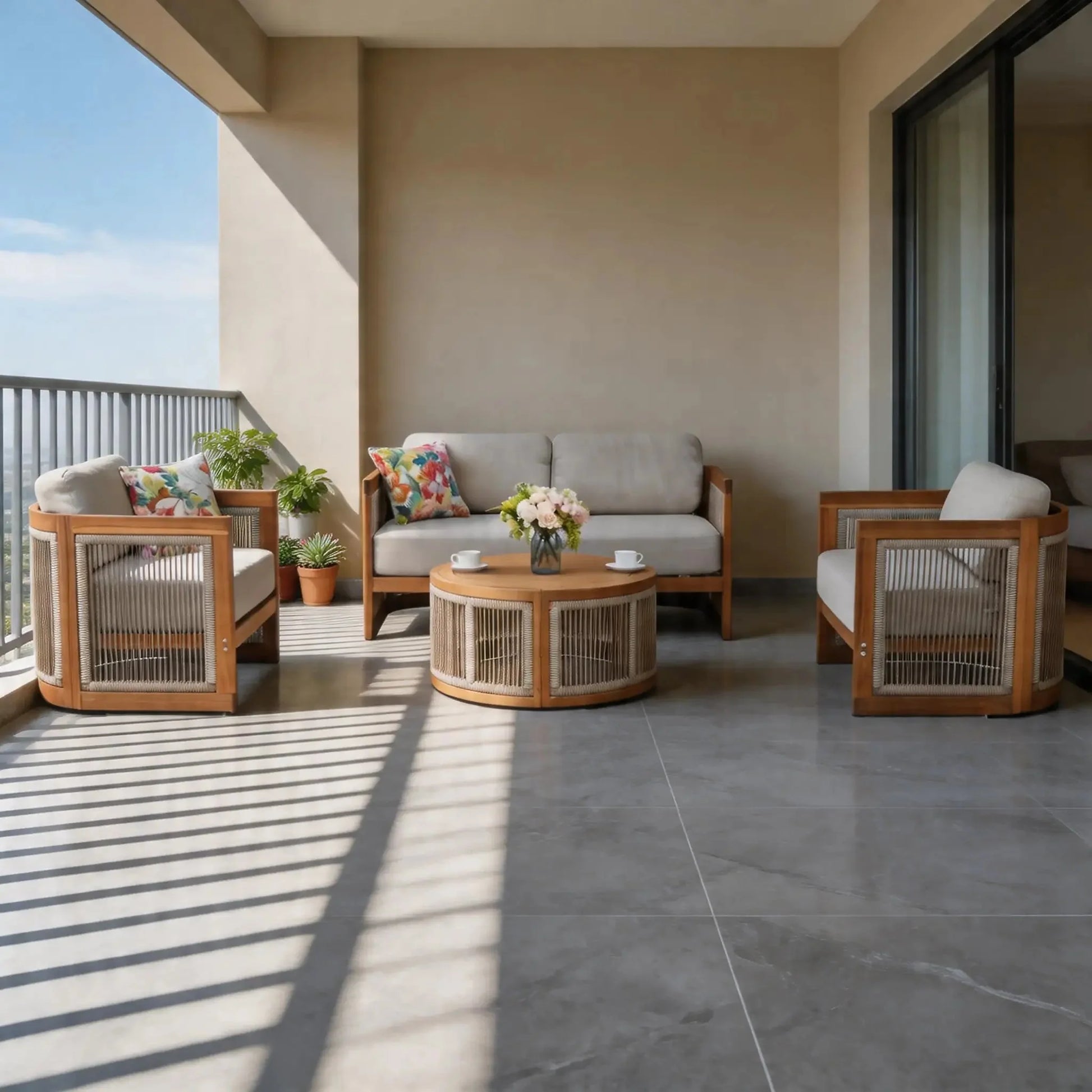 Solid Wood 4 - Seater Sofa Set with Round Coffee Table (PAS - 2515 - 2SS+SSx2+RTA) - Direct Wicker