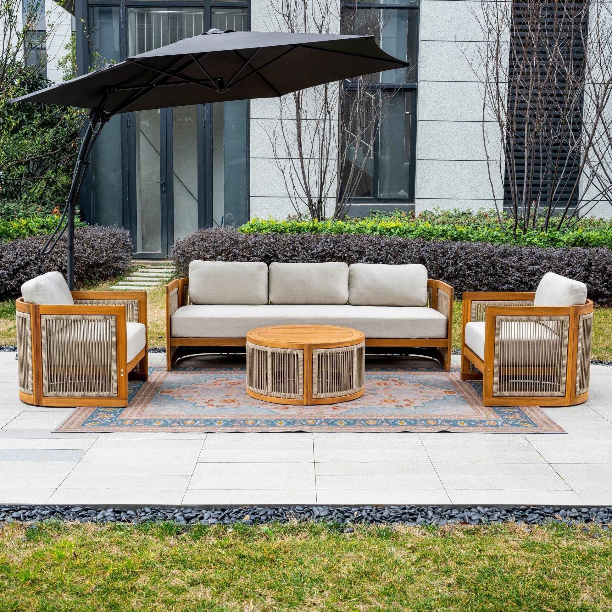 Solid Wood 5-Seat Sofa Set with Round Coffee Table (PAS-2515-3SS+SSx2+RTA)