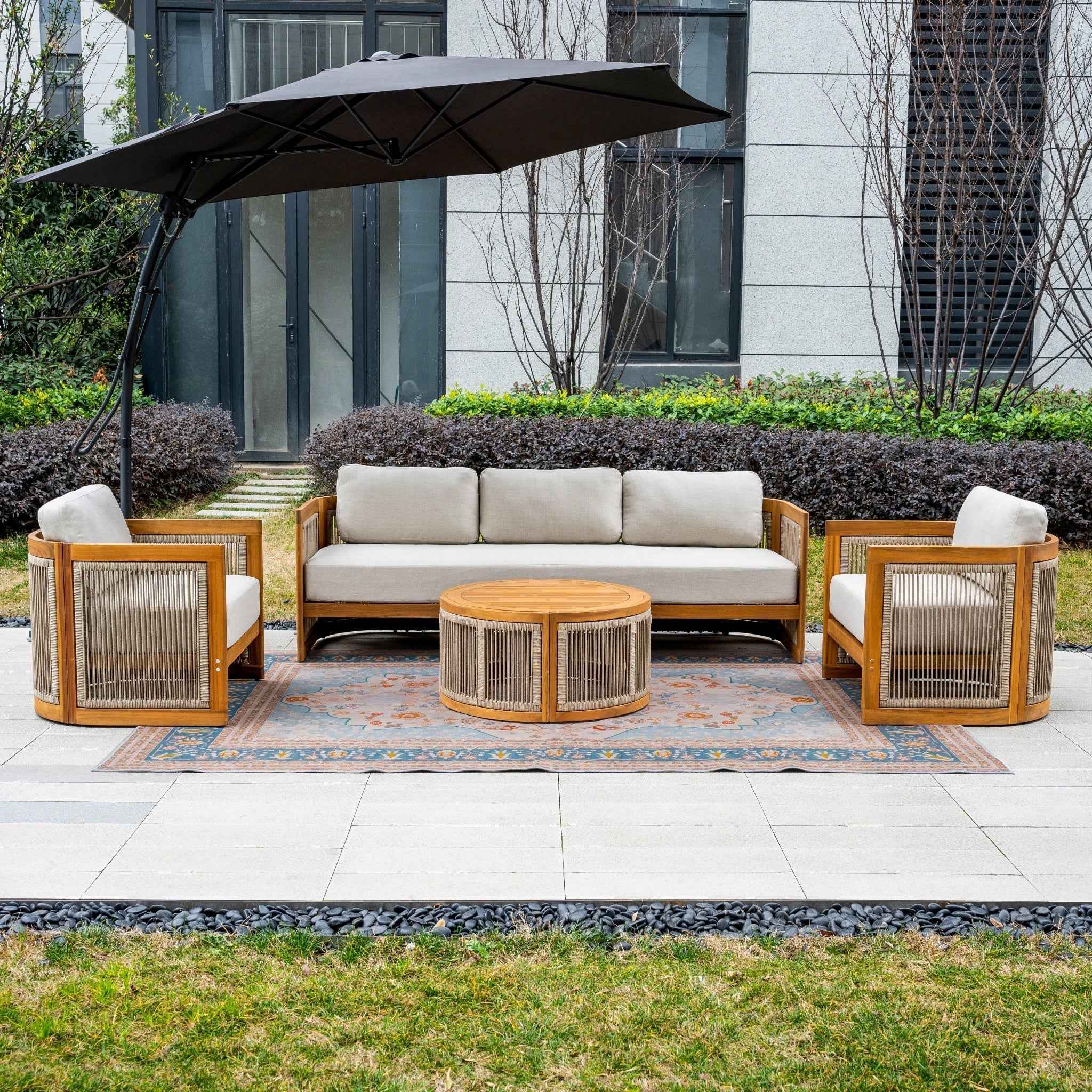 Solid Wood 5-Seat Sofa Set with Round Coffee Table (PAS-2515-3SS+SSx2+RTA)