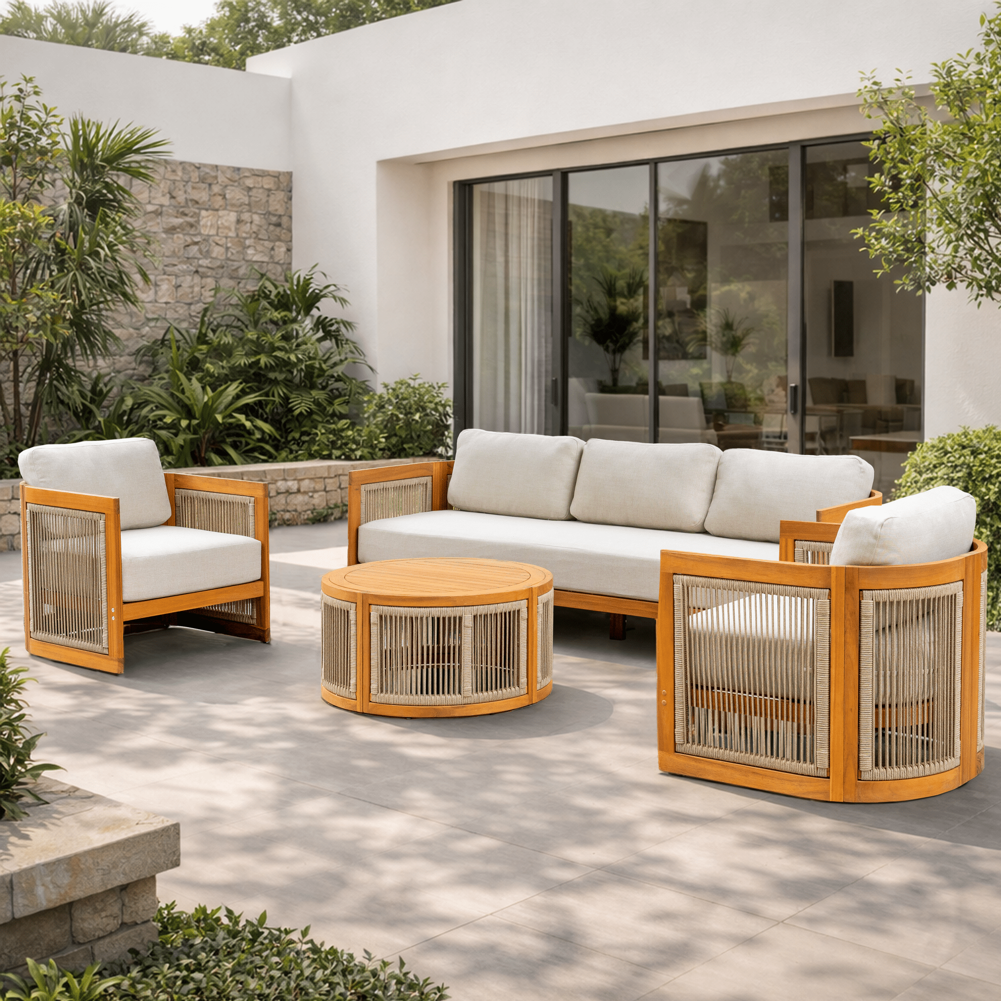 Solid Wood 5 - Seater Sofa Set with Round Coffee Table (PAS - 2515 - 3SS+SSx2+RTA) - Direct Wicker
