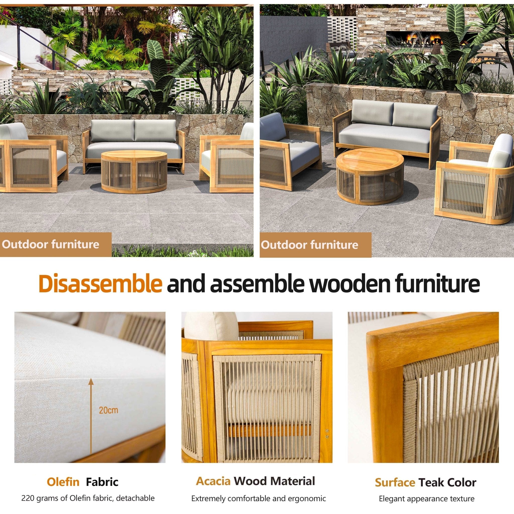 Solid Wood 5 - Seater Sofa Set with Round Coffee Table (PAS - 2515 - SC*2+3SC+RTA+2518 - ST) - Direct Wicker