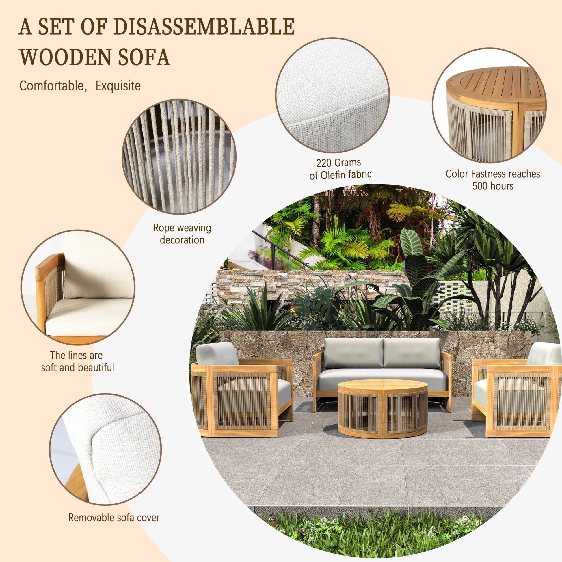 Solid Wood 5 - Seater Sofa Set with Round Coffee Table (PAS - 2515 - SC*2+3SC+RTA+2518 - ST) - Direct Wicker
