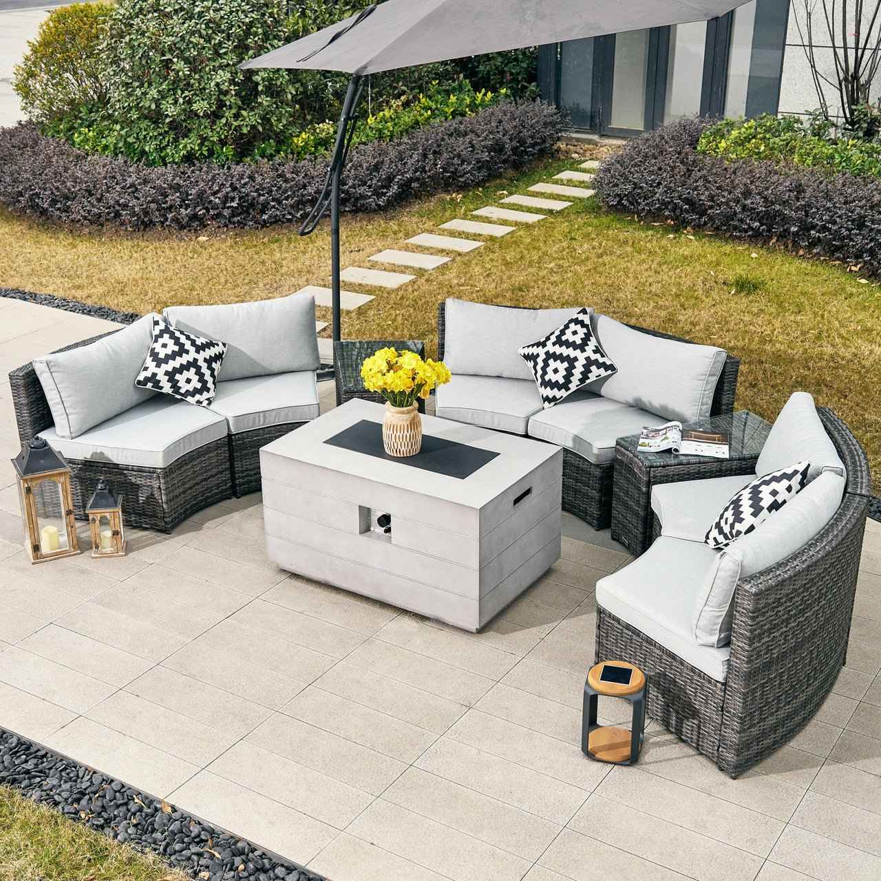 Sonoma 6-Seat Outdoor Fire Pit Set with Rectangle Fire Pit Table (PAS-1205B+2150)