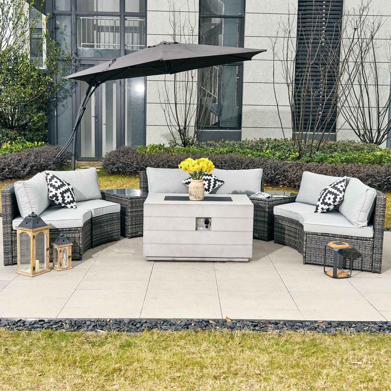 Sonoma 6-Seat Outdoor Fire Pit Set with Rectangle Fire Pit Table (PAS-1205B+2150)