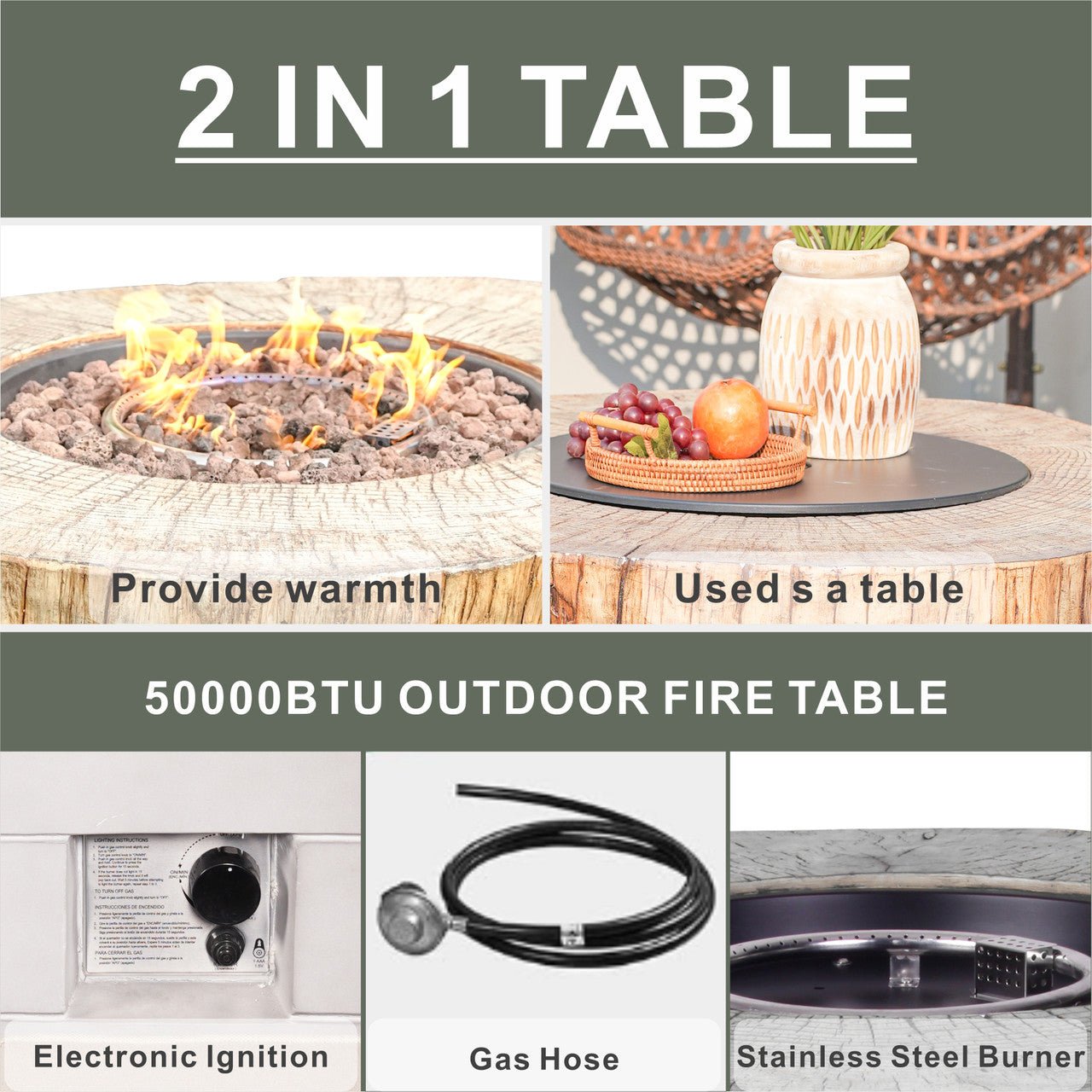 TerraFlame Round Faux Wood Fire Pit Table for Outdoor Use (PAG-2180) - Direct Wicker