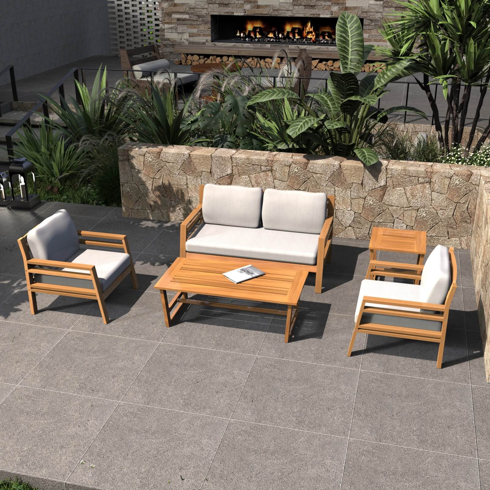 Teak-Look 5-Piece Patio Set with Plush Cushions(PAS-2520-19F-2SS+SS*2+TA+ST) - Abrihome