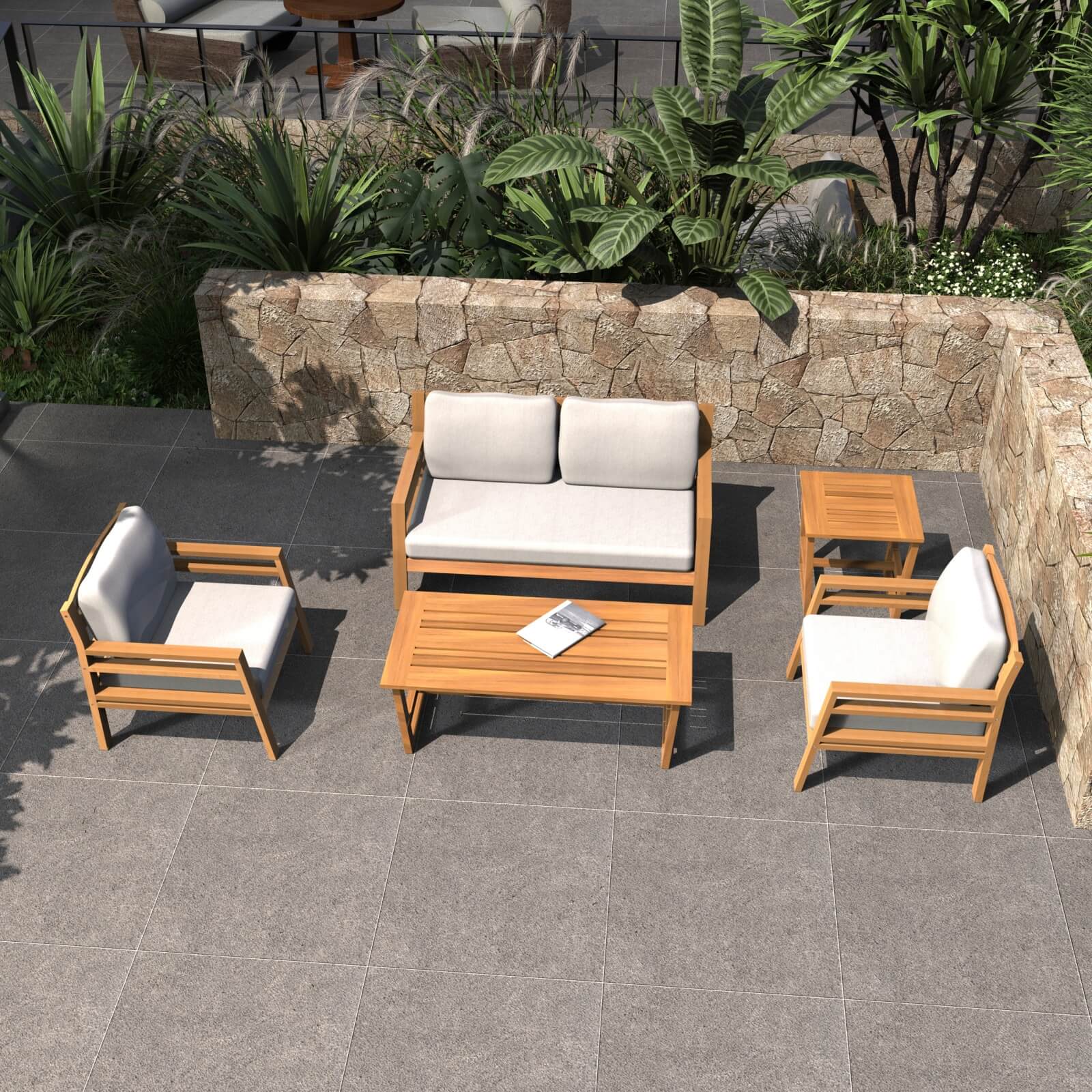Teak-Look 5-Piece Patio Set with Plush Cushions(PAS-2520-19F-2SS+SS*2+TA+ST) - Abrihome