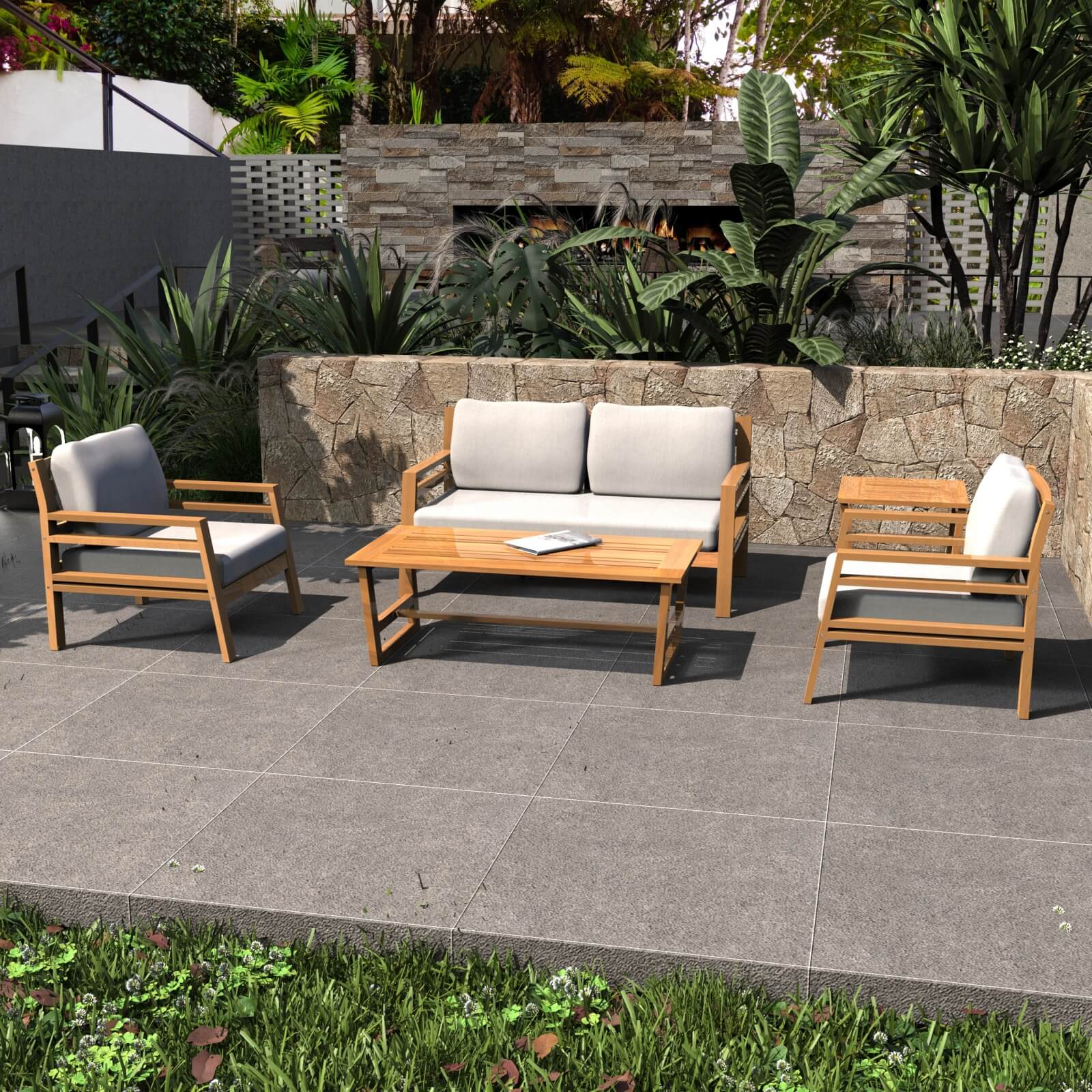 Teak-Look 5-Piece Patio Set with Plush Cushions(PAS-2520-19F-2SS+SS*2+TA+ST) - Abrihome