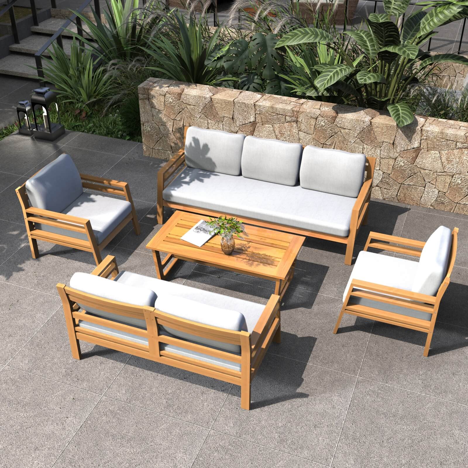 Teak-Finish Acacia Outdoor Set – 5-Piece Sofa & Table Combo with Cushions(PAS-2520-19F-3SS+2SS+SS*2+TA) - Abrihome