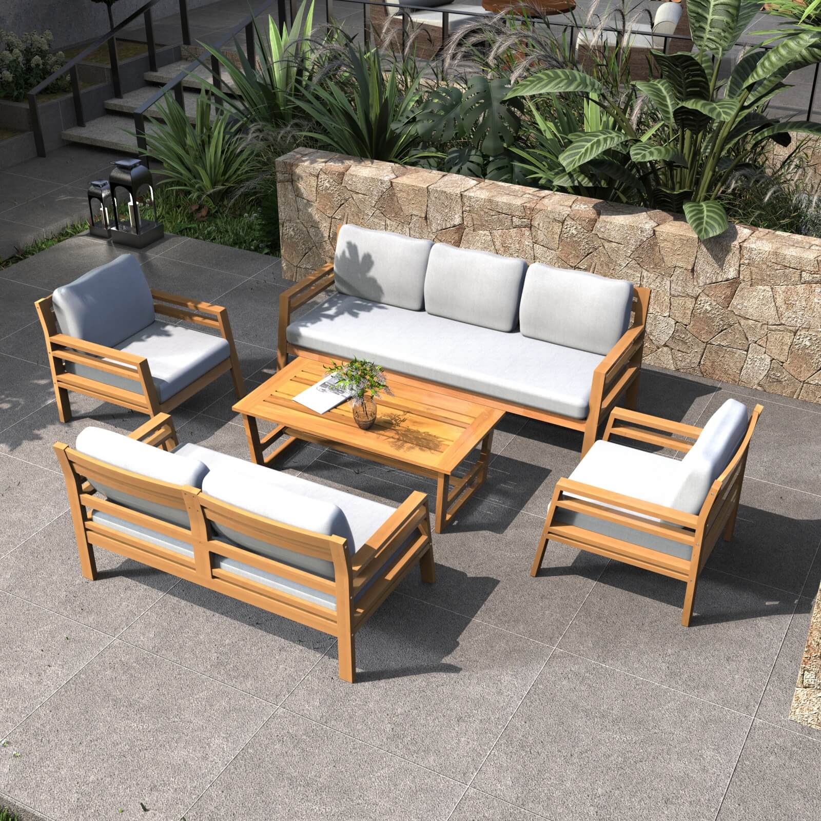 Teak-Finish Acacia Outdoor Set – 5-Piece Sofa & Table Combo with Cushions(PAS-2520-19F-3SS+2SS+SS*2+TA) - Abrihome