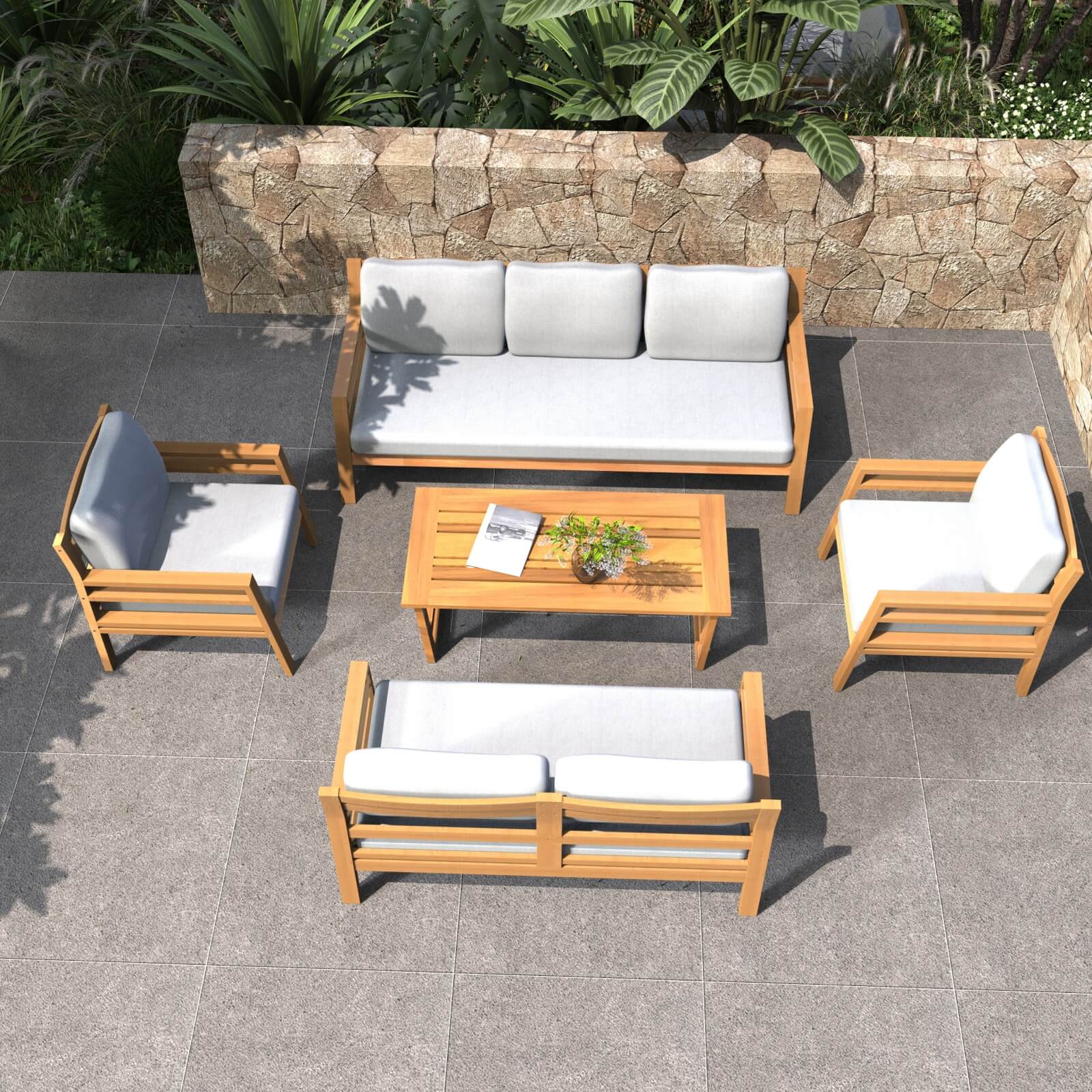 Teak-Finish Acacia Outdoor Set – 5-Piece Sofa & Table Combo with Cushions(PAS-2520-19F-3SS+2SS+SS*2+TA) - Abrihome