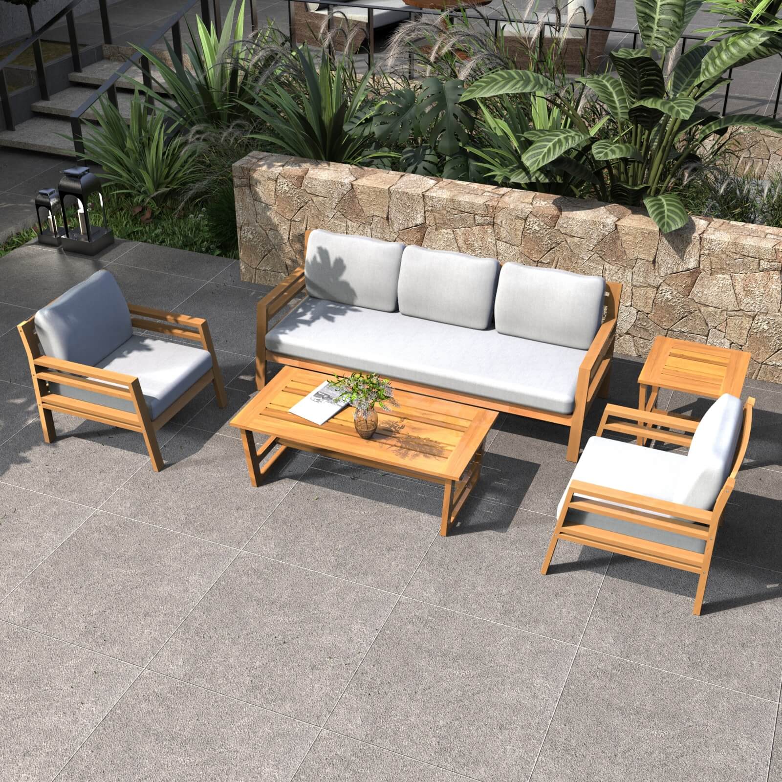 Elegant 5-Piece Acacia Wood Patio Set with Luxurious Cushions(PAS-2520-19F-3SS+SS*2+TA+ST) - Abrihome