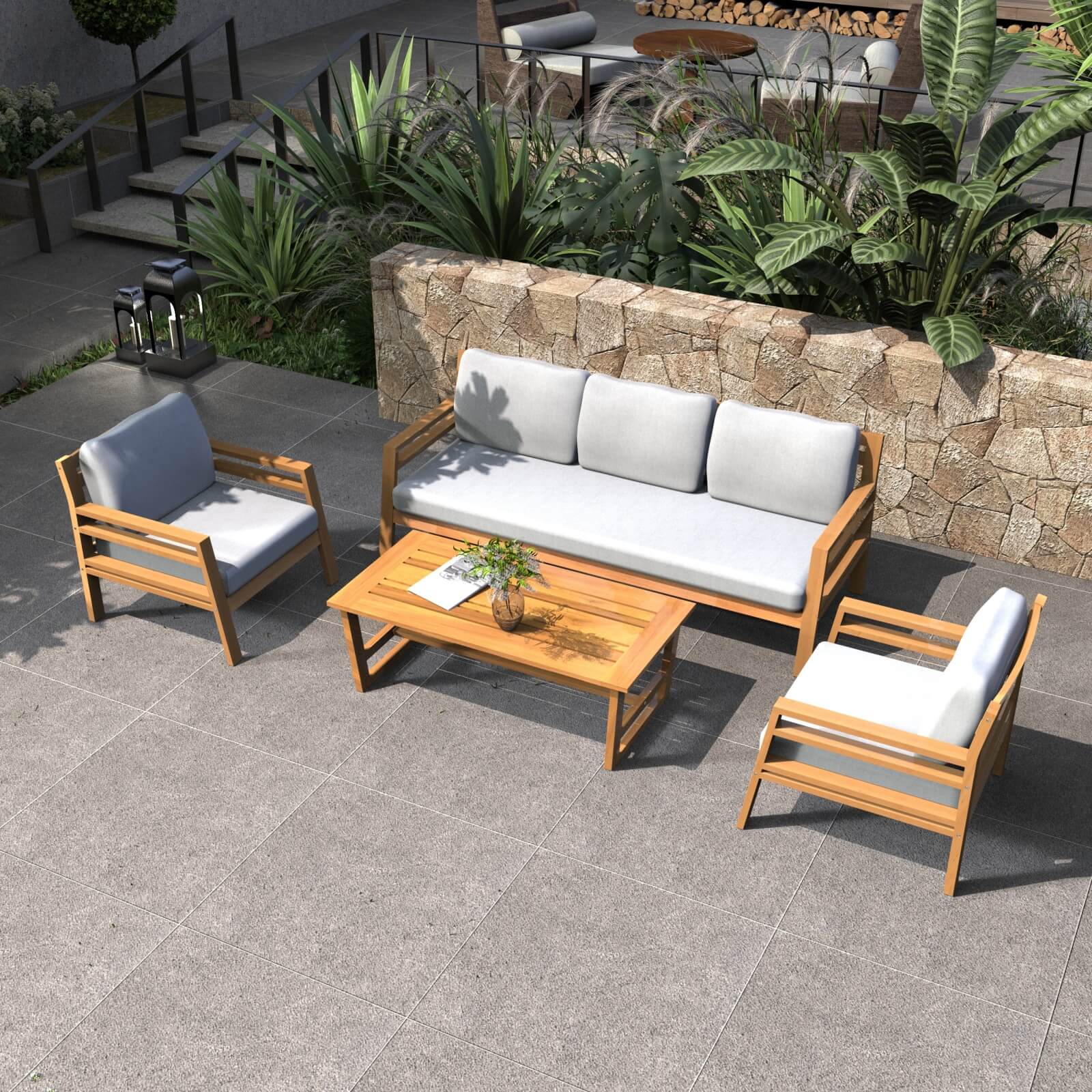Luxury 4-Piece Acacia Wood Outdoor Sofa Set with Cushions(PAS-2520-19F-3SS+SS*2+TA) - Abrihome