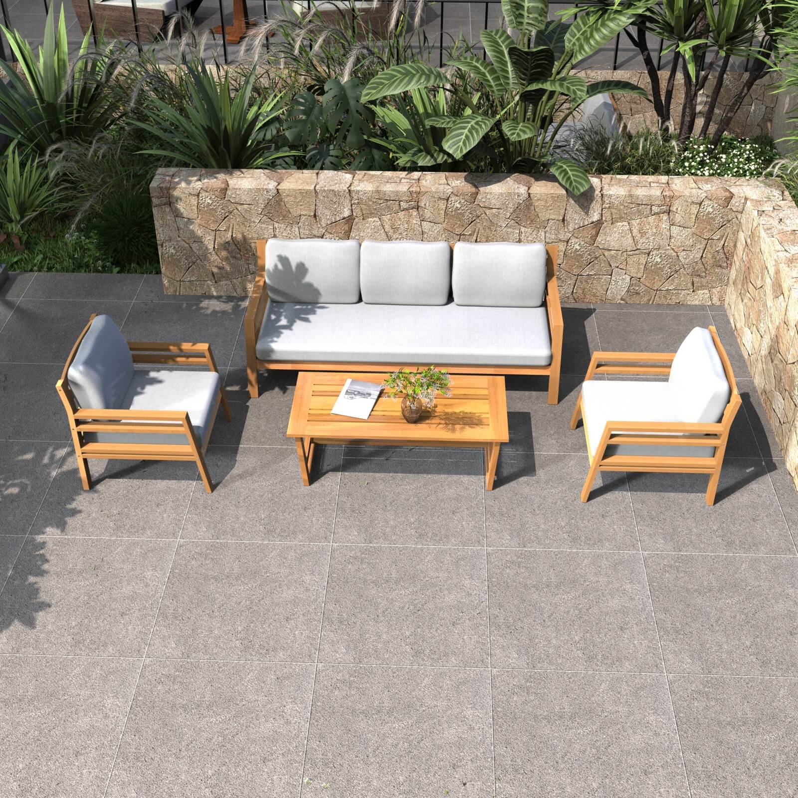 Luxury 4-Piece Acacia Wood Outdoor Sofa Set with Cushions(PAS-2520-19F-3SS+SS*2+TA) - Abrihome