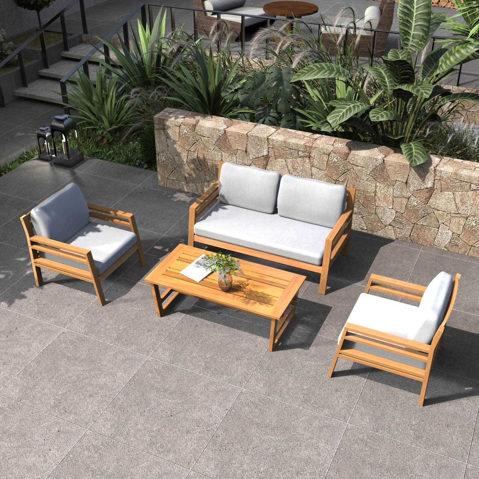 Acacia Wood 4-Piece Patio Set with Cushions(PAS-2520-19F-2SS+SS*2+TA) - Abrihome