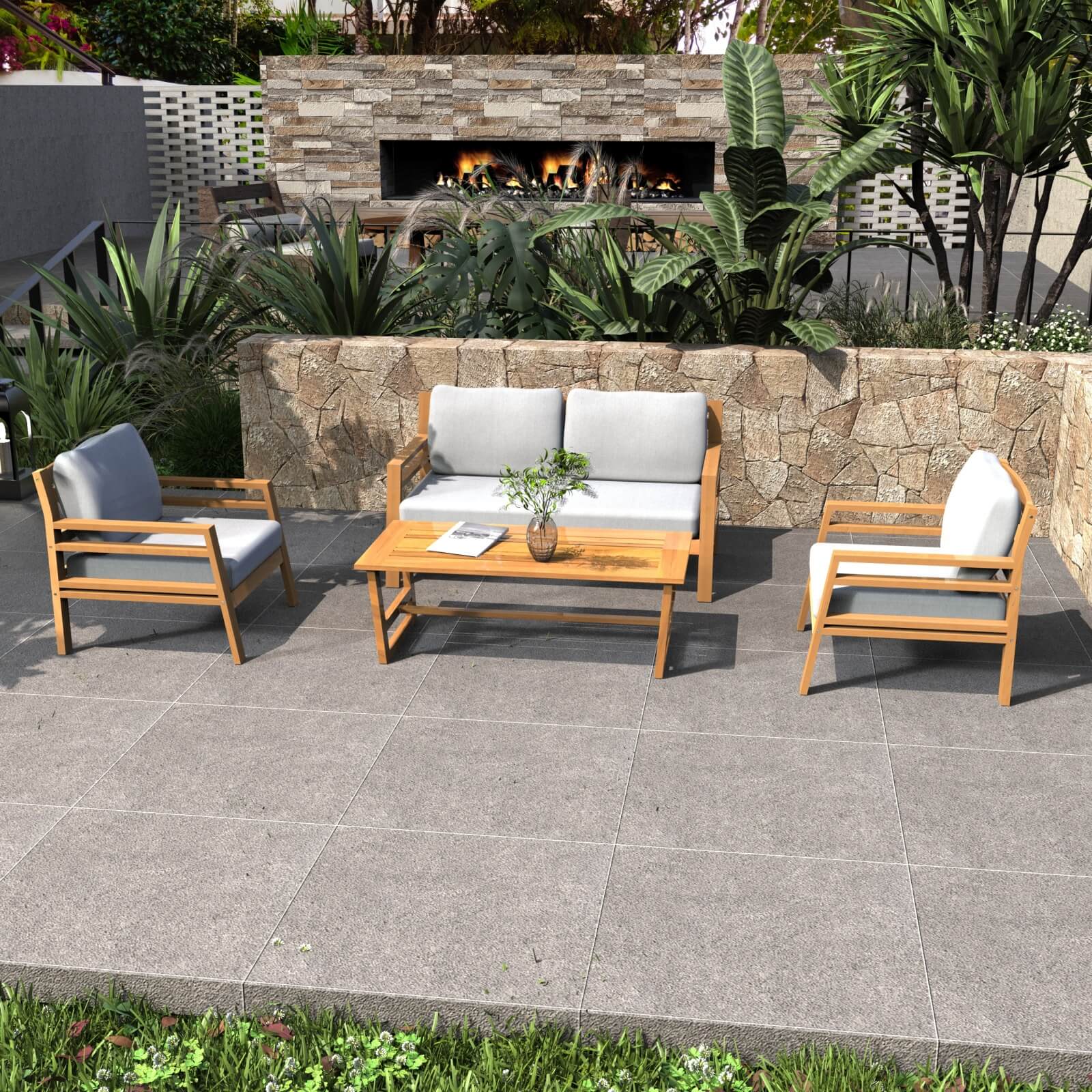 Acacia Wood 4-Piece Patio Set with Cushions(PAS-2520-19F-2SS+SS*2+TA) - Abrihome