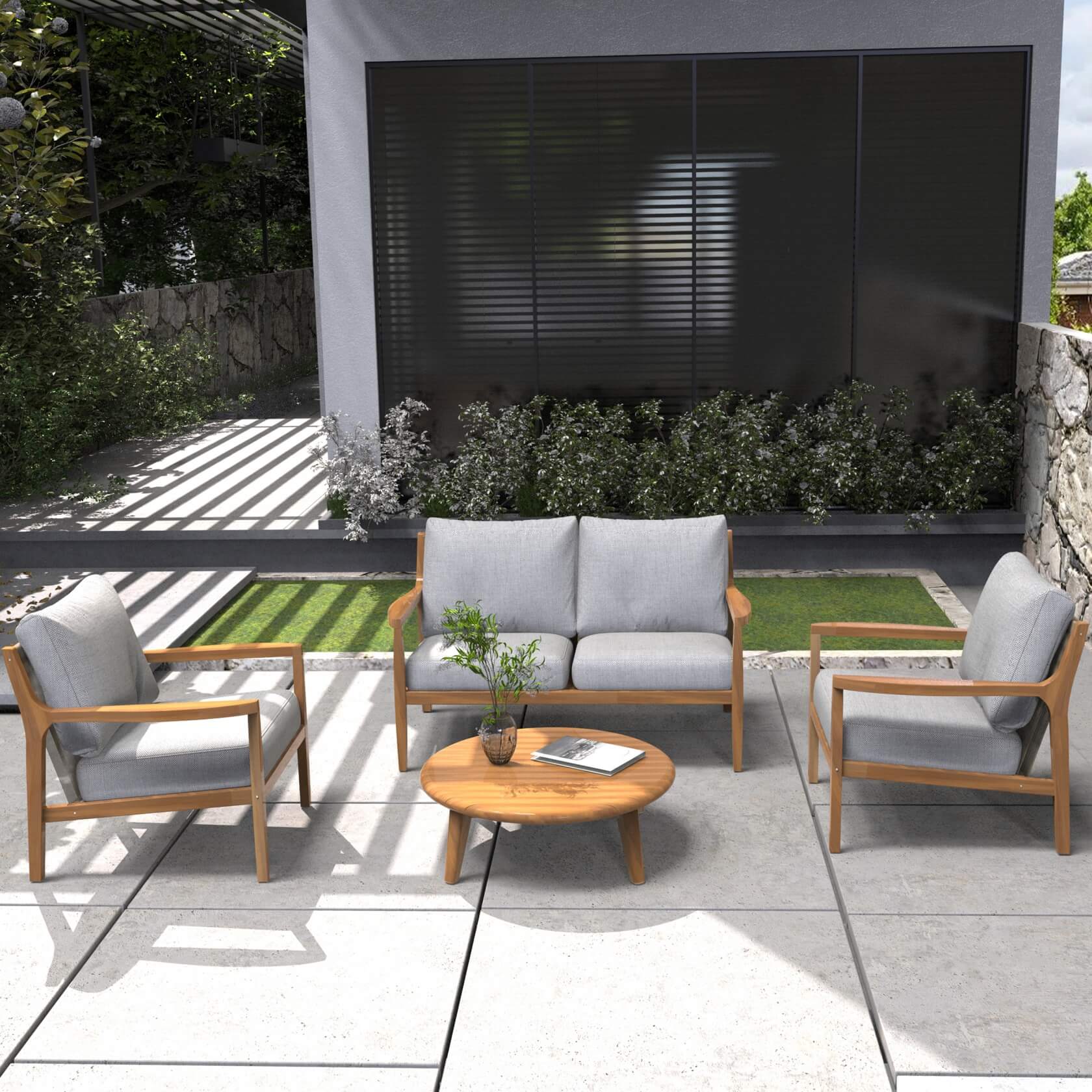 4-Piece Rustic Acacia Wood Patio Set – Loveseat, Chairs & Coffee Table(PAS-2513-2SC+SC*2+TA) - Abrihome