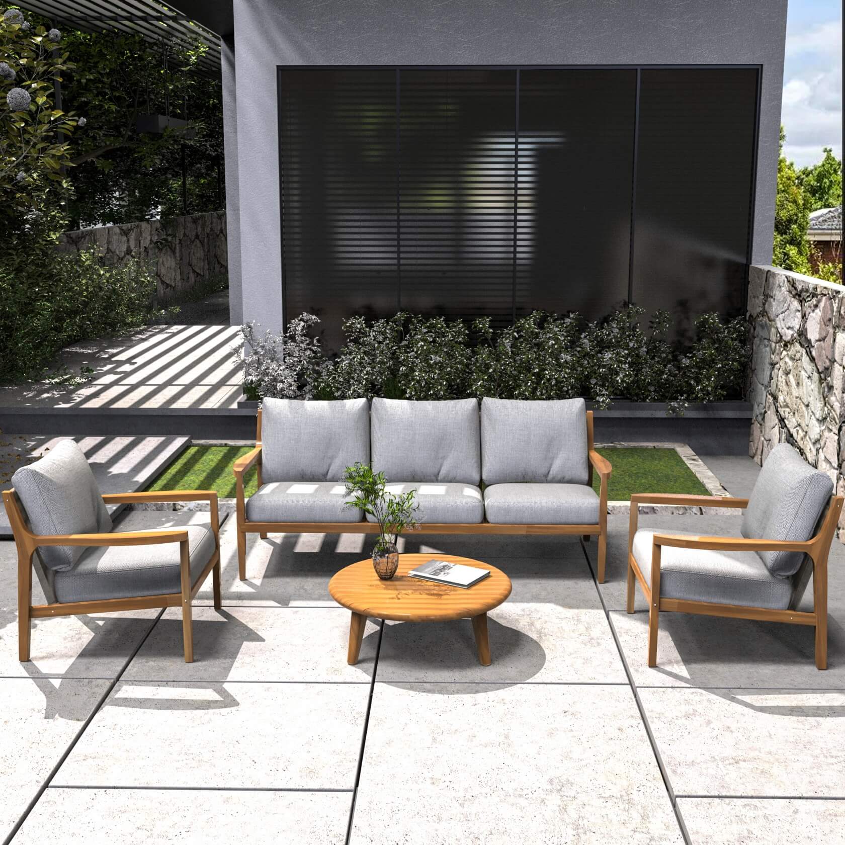 Teak-Color 5-Person Outdoor Sofa Set with Cushions (PAS-2513-3SC+SC*2+TA) - Abrihome