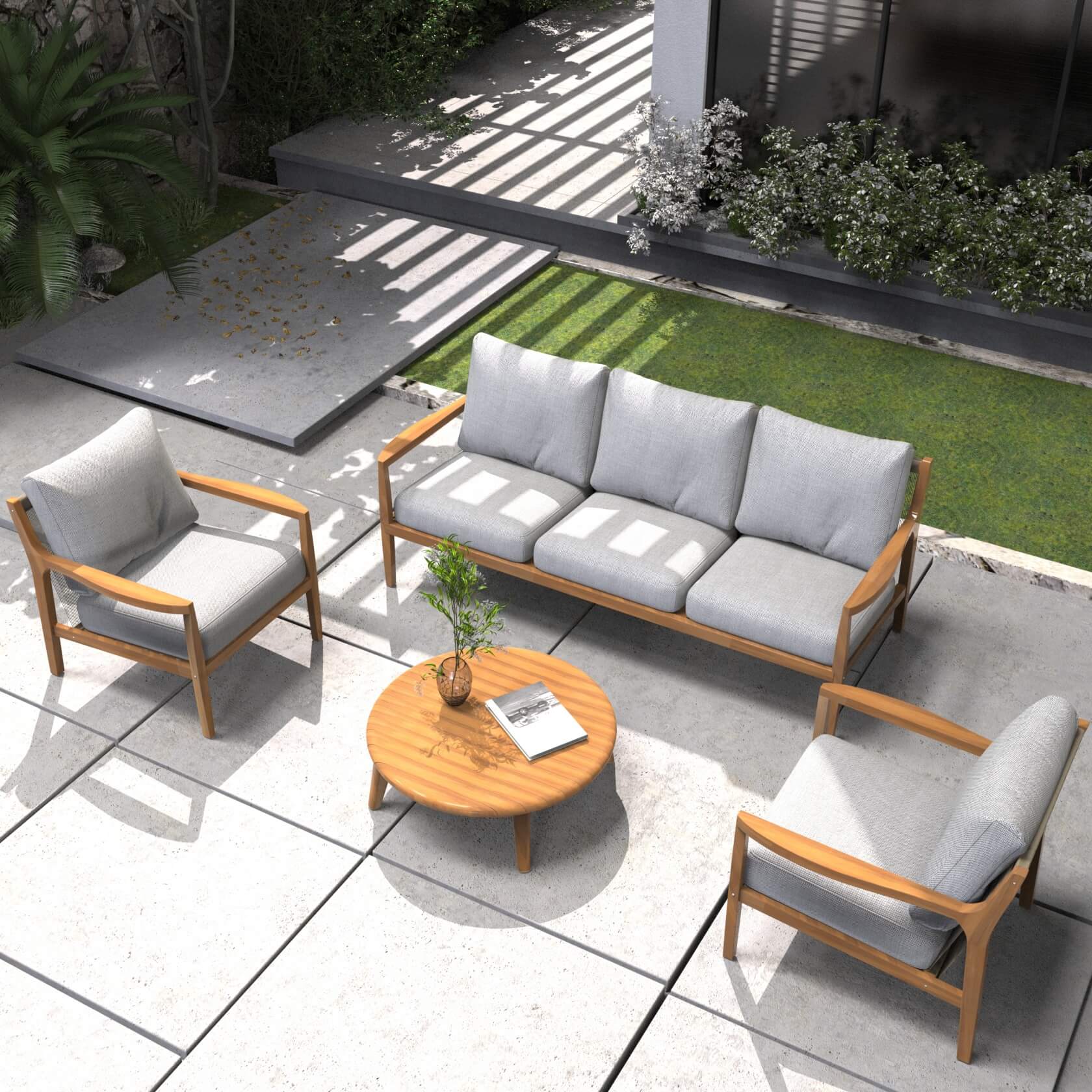 Teak-Color 5-Person Outdoor Sofa Set with Cushions (PAS-2513-3SC+SC*2+TA) - Abrihome