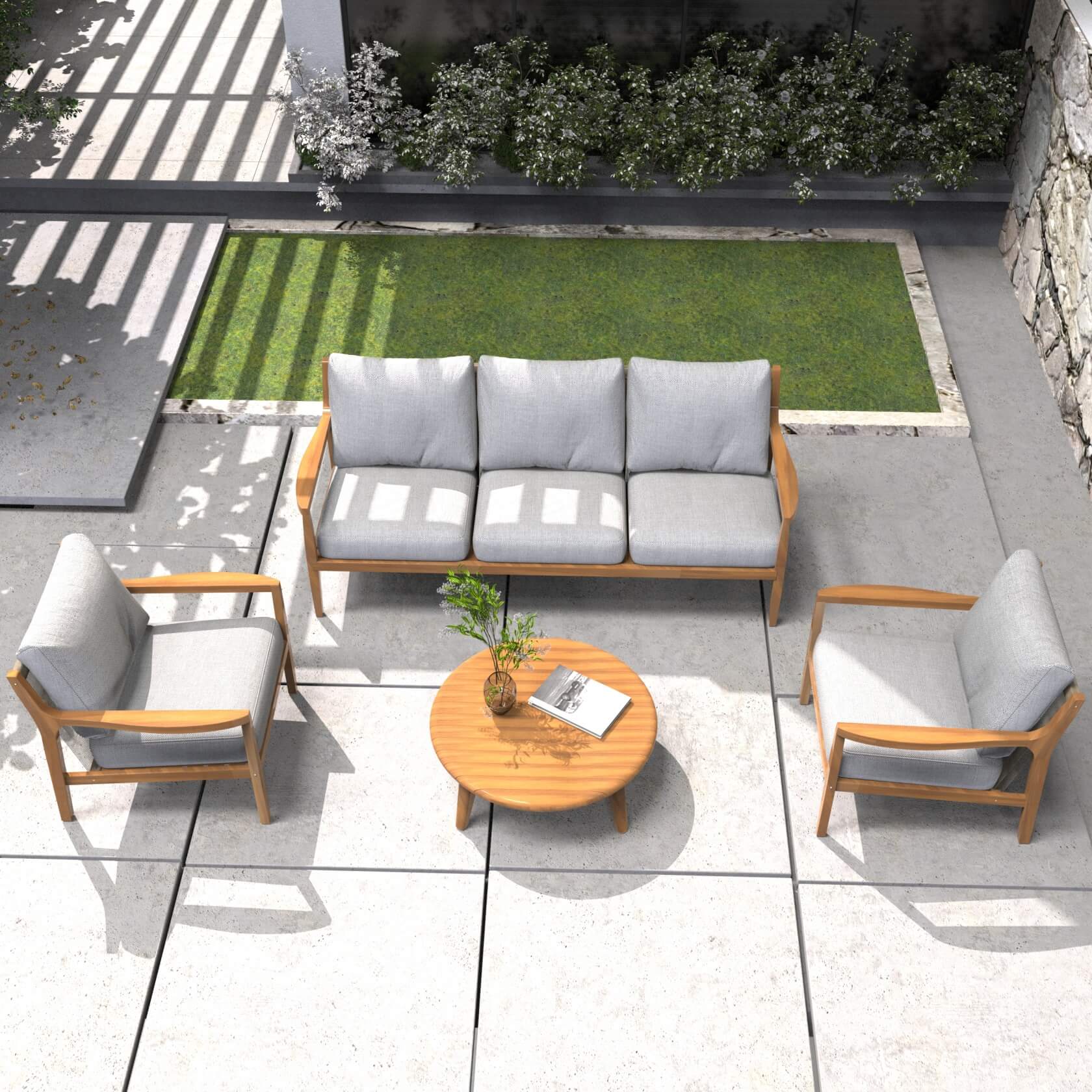 Teak-Color 5-Person Outdoor Sofa Set with Cushions (PAS-2513-3SC+SC*2+TA) - Abrihome