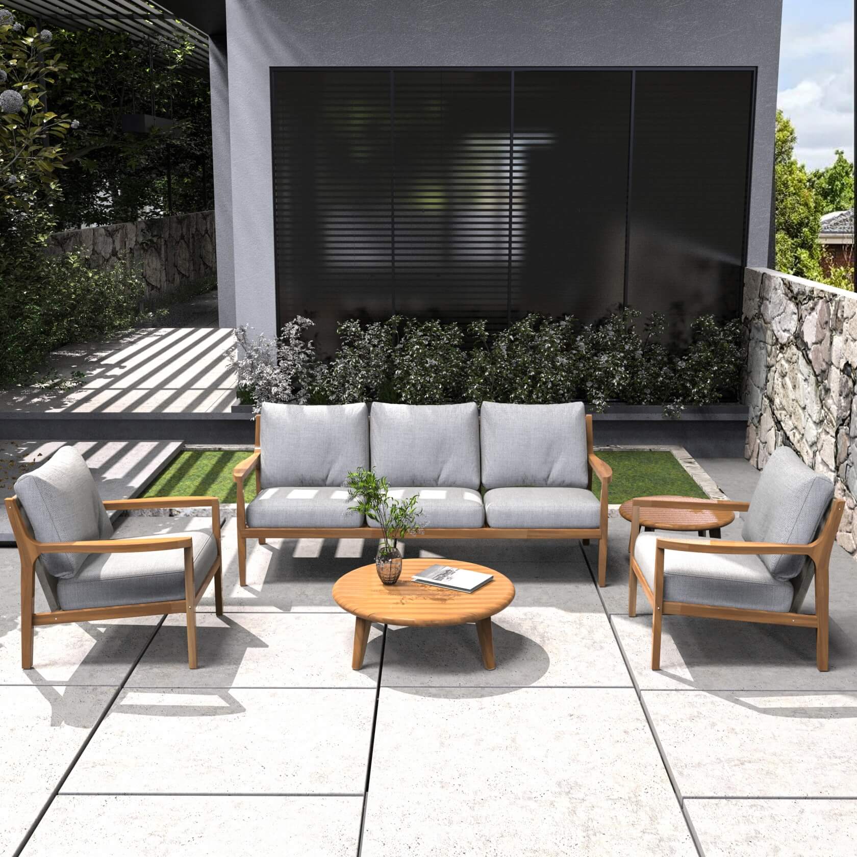 5-Piece Acacia Patio Set – Sofa & Table for Outdoor Gatherings(PAS-2513-3SC+SC*2+TA+ST) - Abrihome