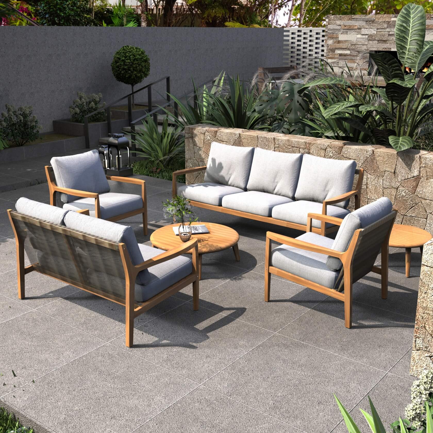 Natural Acacia Wood Outdoor Seating Set – 6-Piece Rustic Patio Sofa & Table Collection（PAS-2513-3SC+2SC+SC*2+TA+ST) - Abrihome