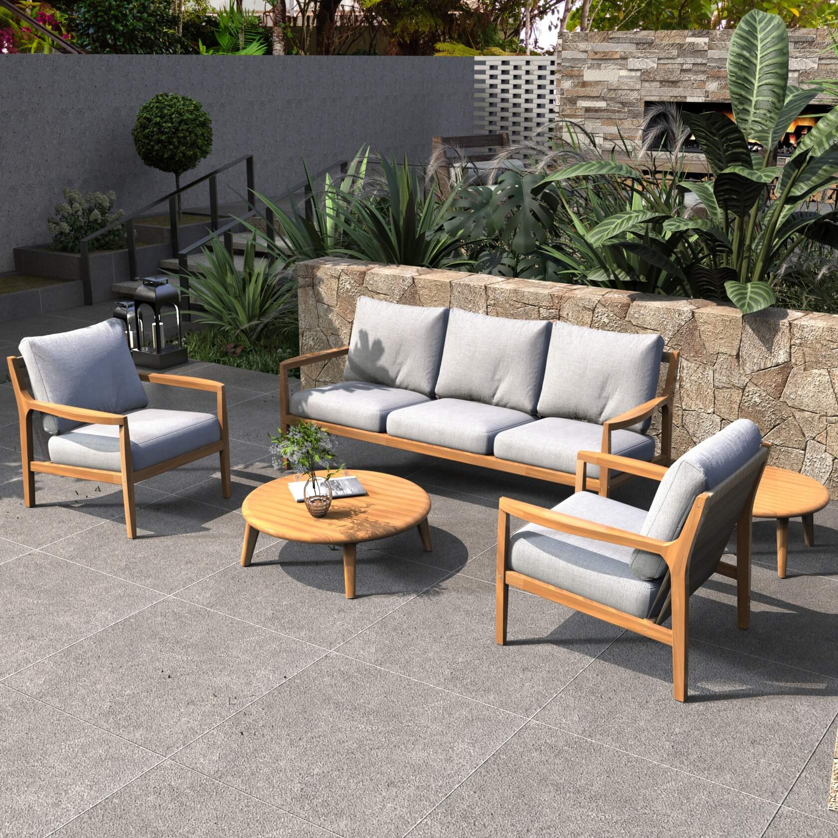 5-Piece Acacia Patio Set – Sofa & Table for Outdoor Gatherings(PAS-2513-3SC+SC*2+TA+ST) - Abrihome