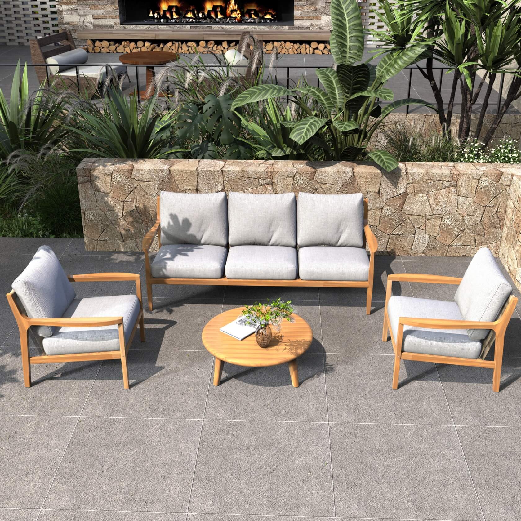 Teak-Color 5-Person Outdoor Sofa Set with Cushions (PAS-2513-3SC+SC*2+TA) - Abrihome