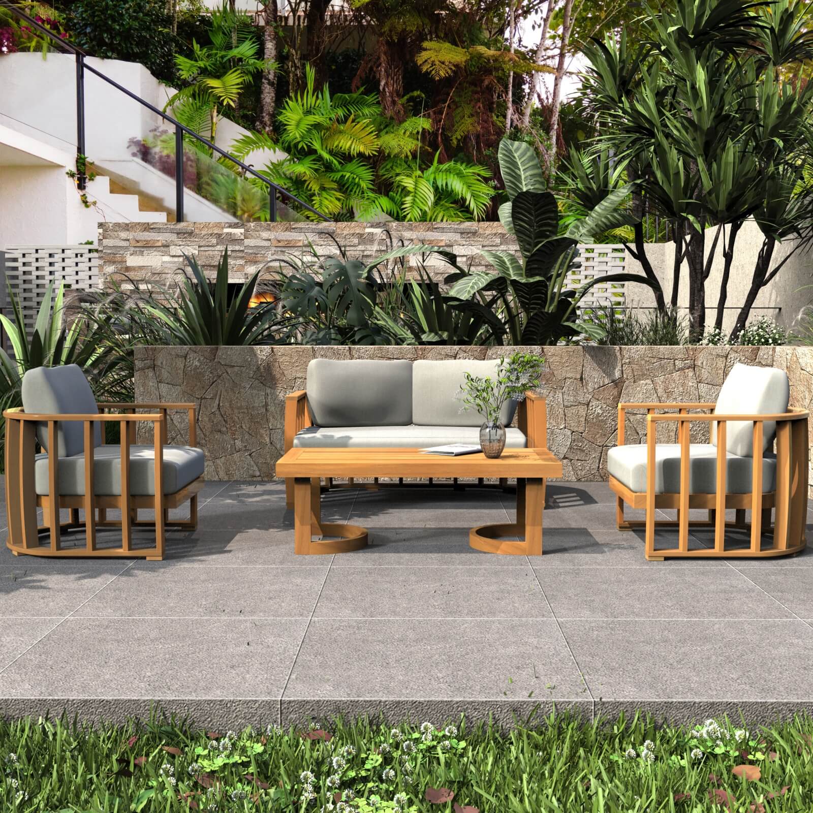 Stylish 4-Piece Acacia Wood Outdoor Sofa Set with Cushions(PAS-2521-19F-2SS+SS*2+TA) - Abrihome