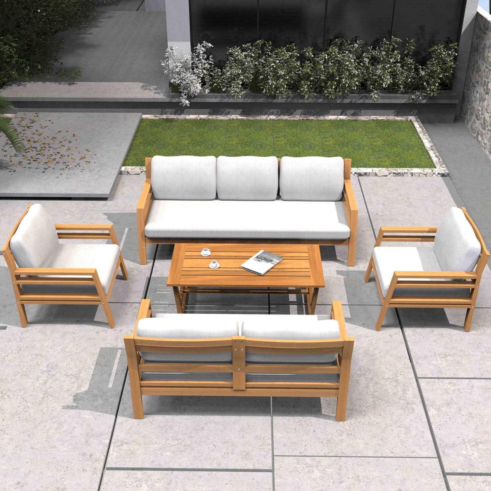 Teak-Finish Acacia Outdoor Set – 5-Piece Sofa & Table Combo with Cushions(PAS-2520-19F-3SS+2SS+SS*2+TA) - Abrihome