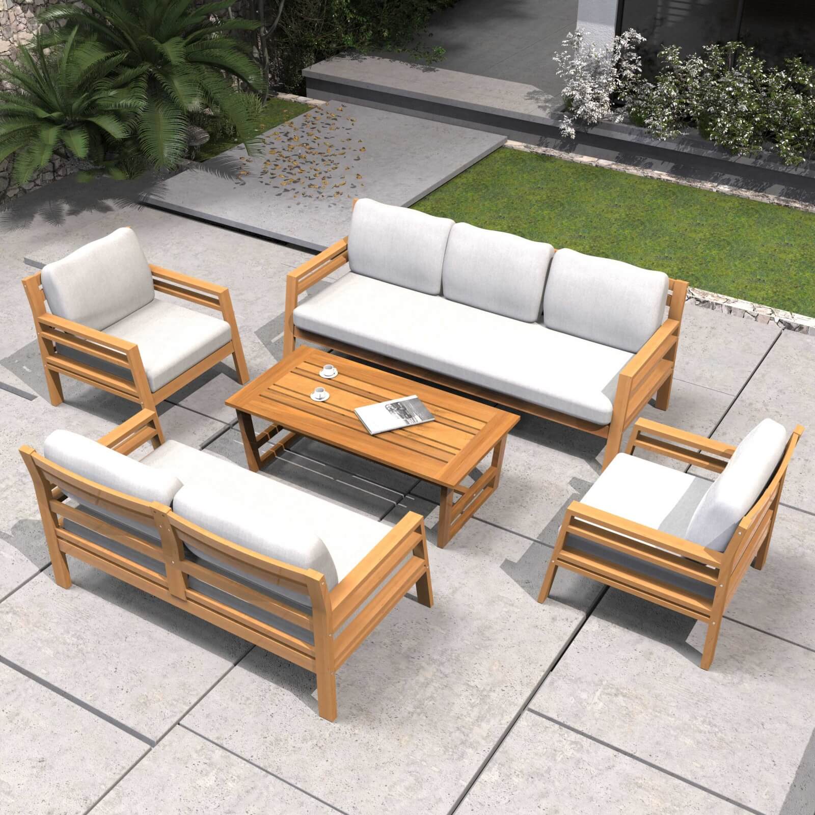 Teak-Finish Acacia Outdoor Set – 5-Piece Sofa & Table Combo with Cushions(PAS-2520-19F-3SS+2SS+SS*2+TA) - Abrihome